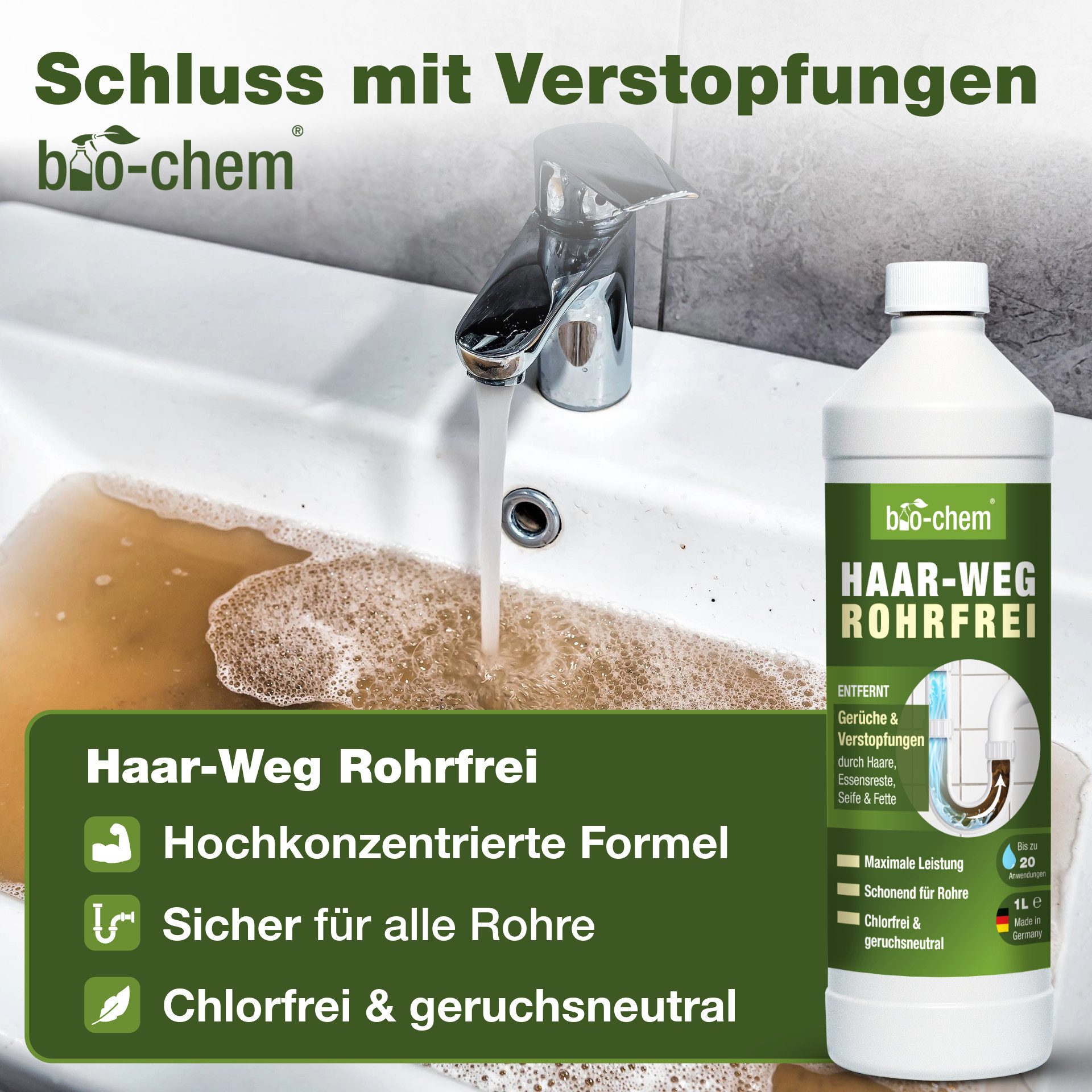 bio-chem Badreiniger Set 6-teilig – Abfluss, WC, Kalk & Zubehör – bio-chem Badreiniger (Badezimmer Spezialreiniger PROFI-SET 6-teilig)
