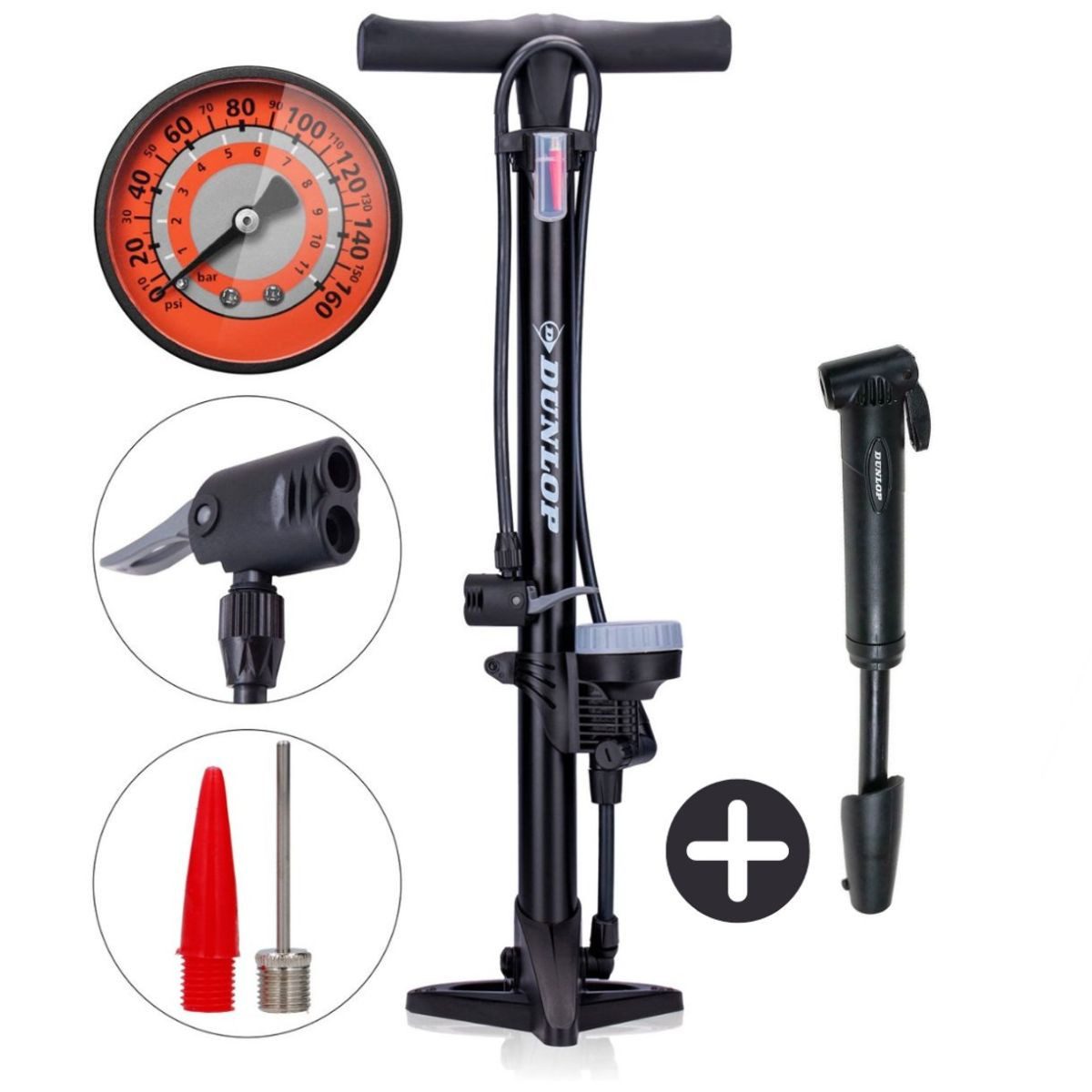 Dunlop Fahrradpumpe Dunlop Fahrradpumpe mit Manometer und Mini Fahrradpumpe Set (1x Fußpumpe, 1x Minipumpe)