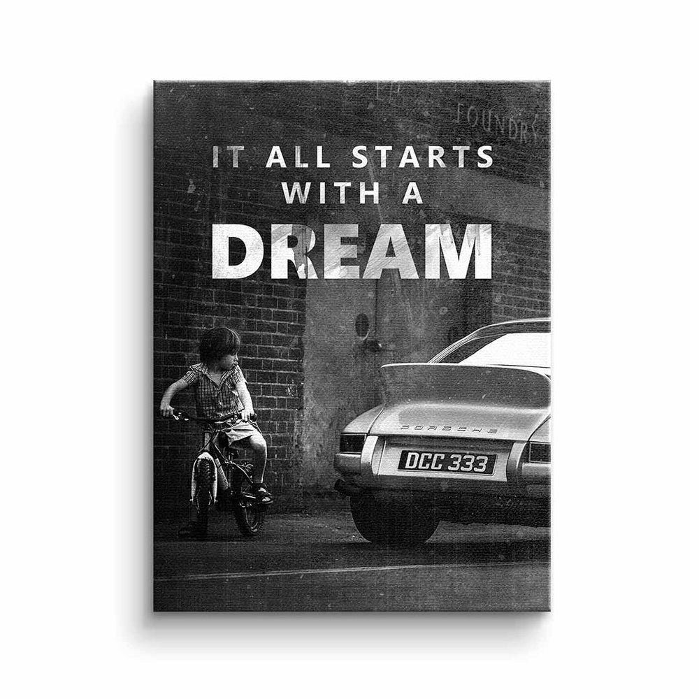 DOTCOMCANVAS® Leinwandbild, Leinwandbild It all starts with a dream Porsche Traum schwarz weiß mit