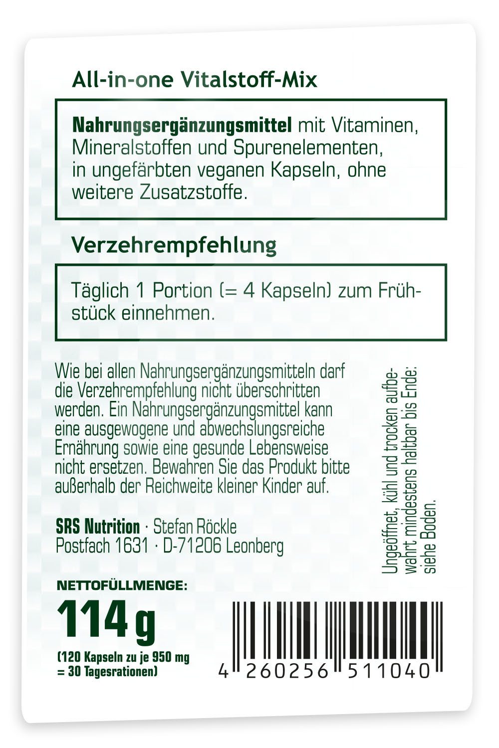 SRS NUTRITION SRS Nutrition VITAL BLAST Vitamine & Mineralien 120 Kapseln Kapseln, 114 g, Vitalstoff-Mix aus Vitaminen, Mineralstoffen und Spurenelementen