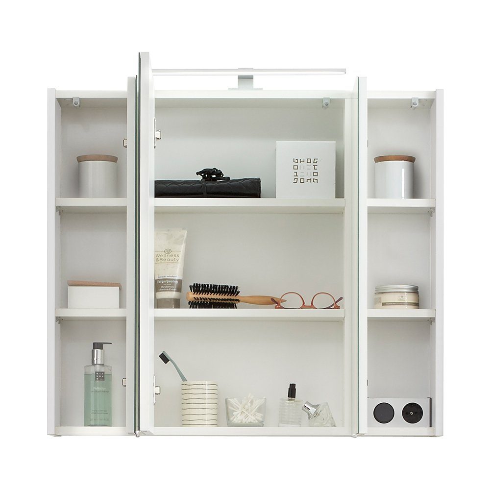 in Lomadox Glanz Spiegelschrank cm Badezimmer mit Weiß breit 80/70/16 QUEIMADOS-66 Aufsatzleuchte 80cm