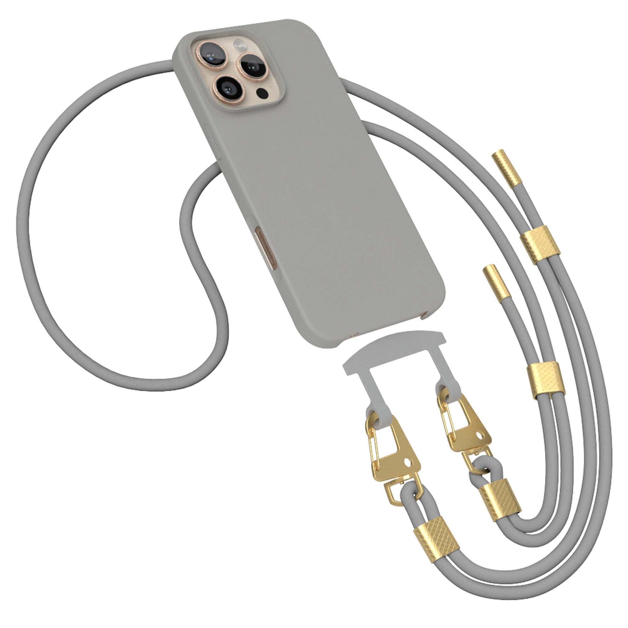EAZY CASE Handykette 2in1 Hülle mit Band für iPhone 16 Pro Max 6,9 Zoll, Smartphonekette Cross Bag Silikonhülle Umhängetasche Necklace Grau