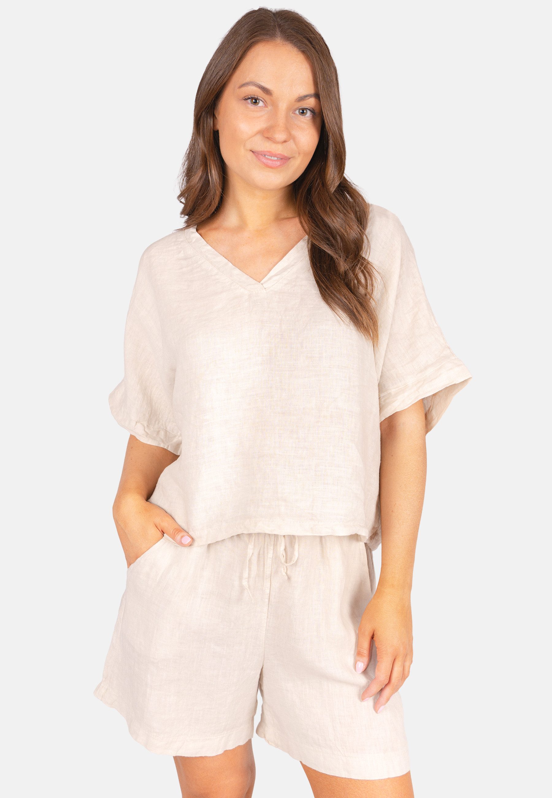 Seasons of April Oversize-Shirt TAMARA LINO (1-tlg) Leinen Shirt Damen Oversized Kurzarm V-Ausschnitt Leinen Bluse Tamara