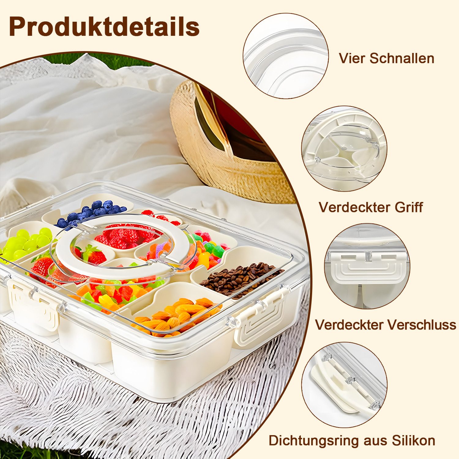 HEYHIPPO Frischhaltedose Snackbox 8 Fächer mit Deckel & Griff – 28×21×6,5 cm, für Obst & Nüsse, (Packung, Lebensmittelbehälter – versiegelter Snackcontainer, fü – Bild 4 von 5