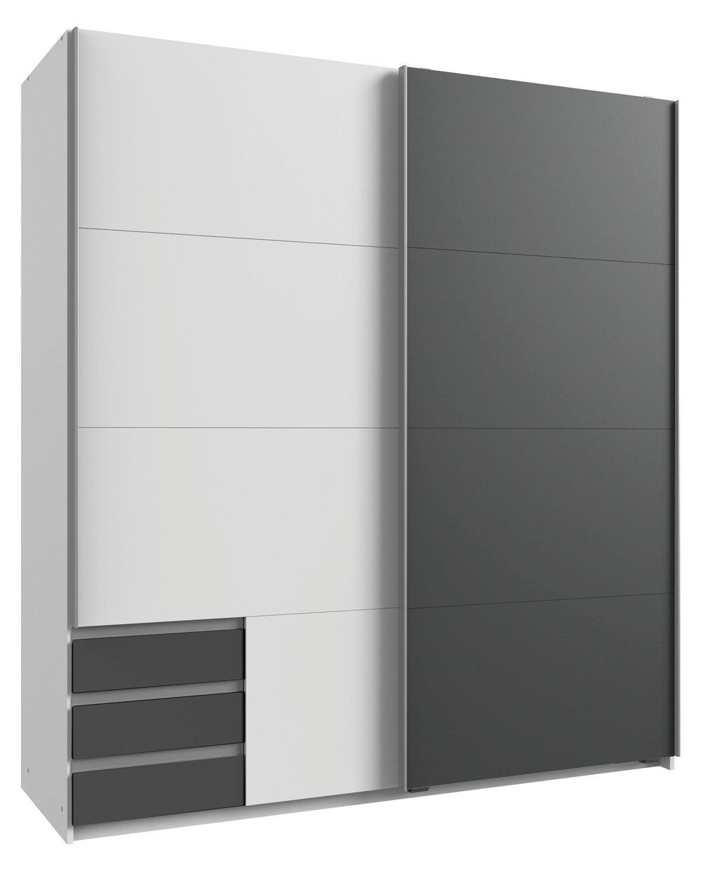 Wimex Schwebetürenschrank Emden (2-türig, 3 Schubladen, 1 Kleiderstange, 5 Einlegeböden, 1-St., moderner Optik, allufarbenen Metallgriffleisten) 180x64x198cm weiß / graphit