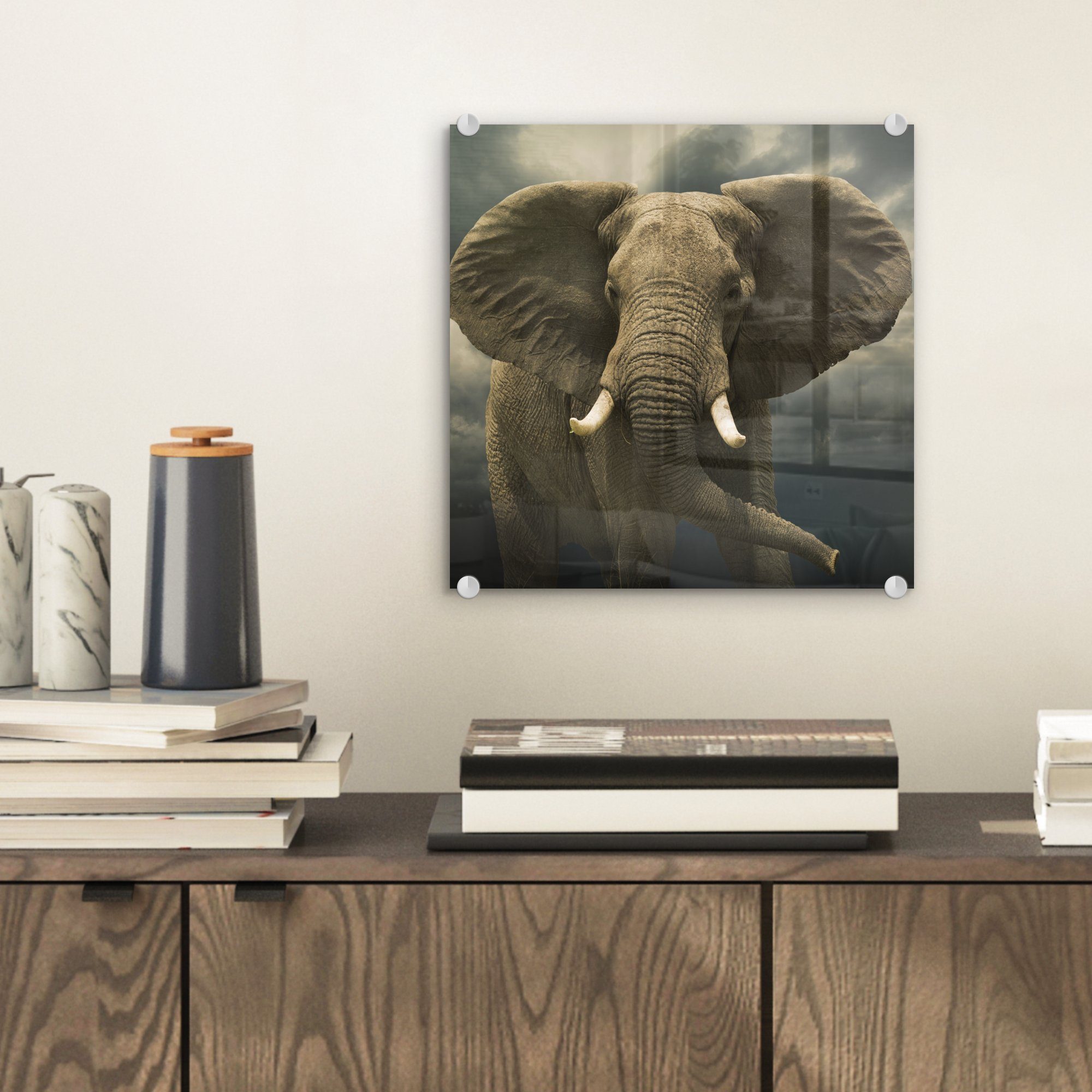 MuchoWow Acrylglasbild Elefant Glas Wanddekoration dunklen Bilder Wolken, bunt - gegen Wandbild St), die Afrikanischer Glasbilder - Glas - (1 auf auf Foto