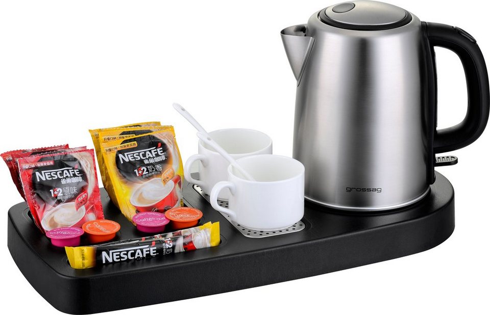 grossag Wasserkocher WT 100 & WK 68, 1,2 l, 2200 W, inkl. welcome-Tray  ABS-Kunststoff mit Holzstruktur, Einteilung für Teebeutel, Kaffee, Tassen