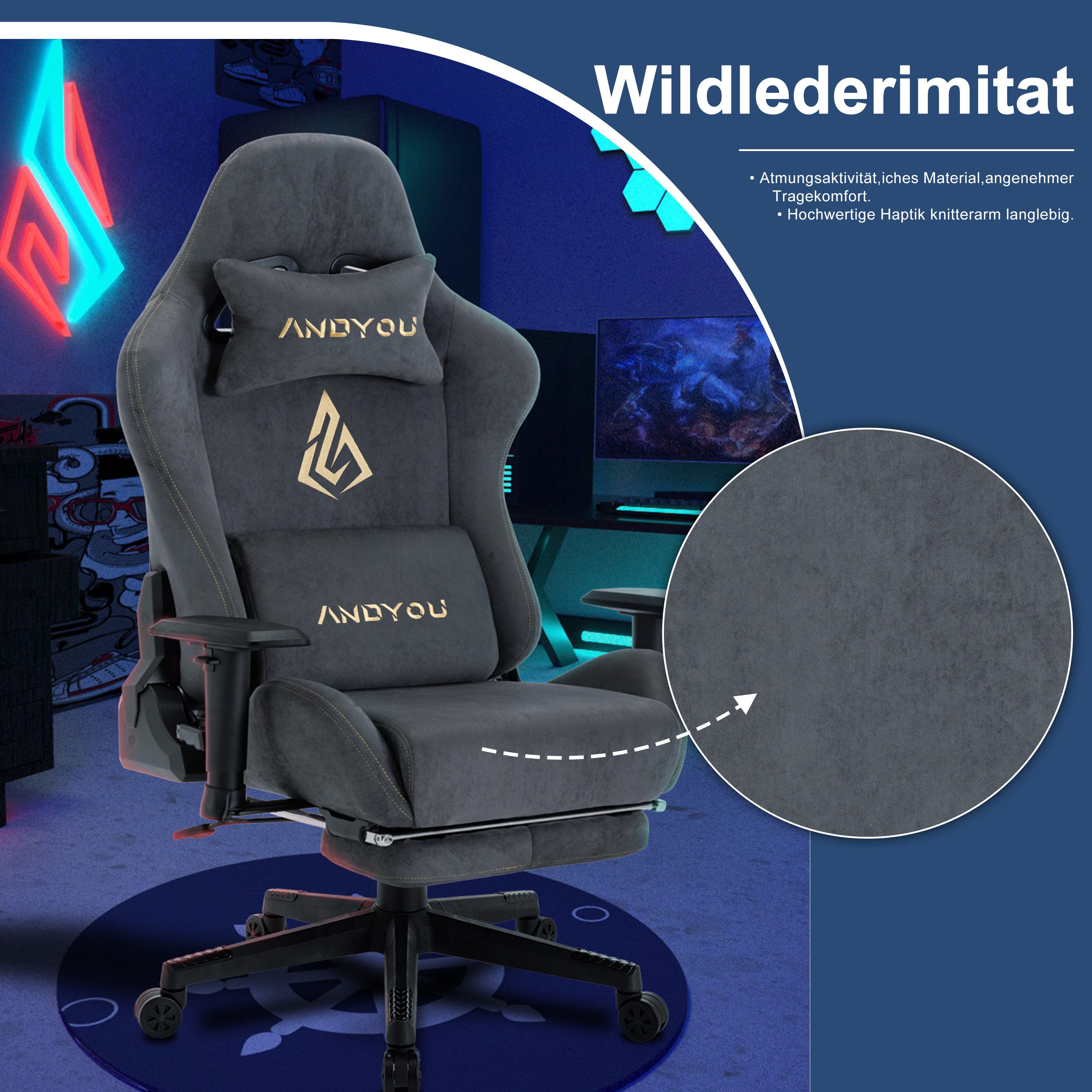 ANDYOU Gaming-Stuhl mit atmungsaktivem Alcantara-Bezug, drehbar, ergonomisch, 200kg (1 St), Grau