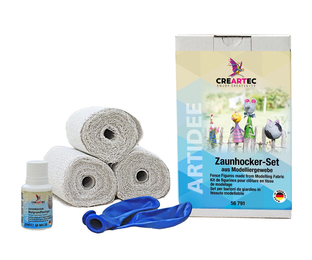 CREARTEC Kreativset Bastelset Zaunhocker - 6-teilig - Dekoration zum bemalen und mehr, zum Herstellen schicker Figuren aus Modelliergewebe - Made in Germany