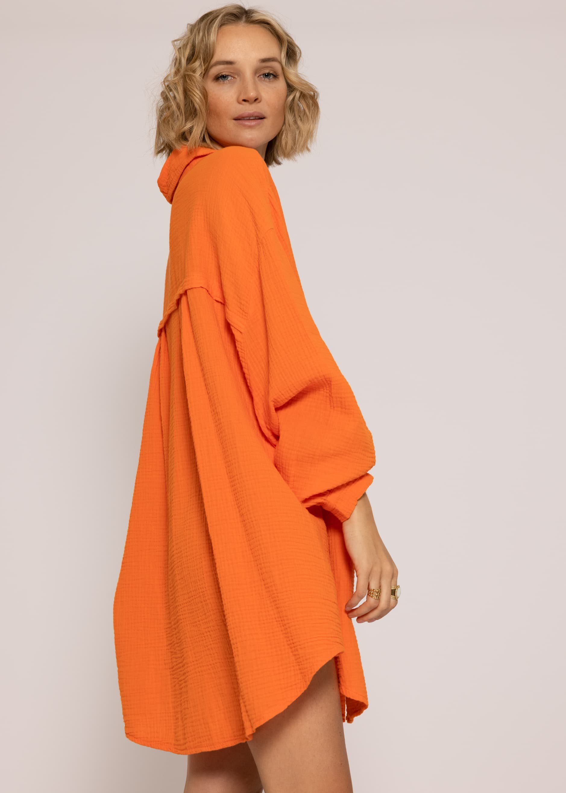 (Gr. Musselin Damen SASSYCLASSY Orange Langarm lang mit 36-48) One Bluse Oversize Hemdbluse V-Ausschnitt, Longbluse Baumwolle aus Size