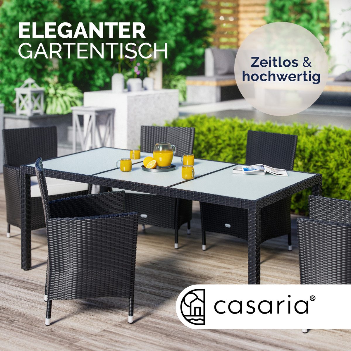 Casaria Gartentisch, Wetterfest 190x90cm Polyrattan Höhenverstellbar 5mm Sicherheitsglas