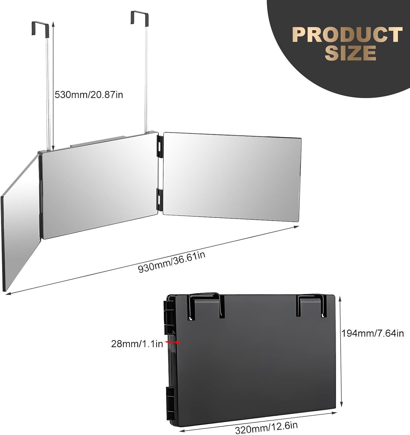 Lumkudos Wandspiegel 360 Grad Spiegel, Klappspiegel mit Haken, Spiegel zum Aufhängen, Kosmetikspiegel Rasierspiegel für Make up Rasieren Frisieren