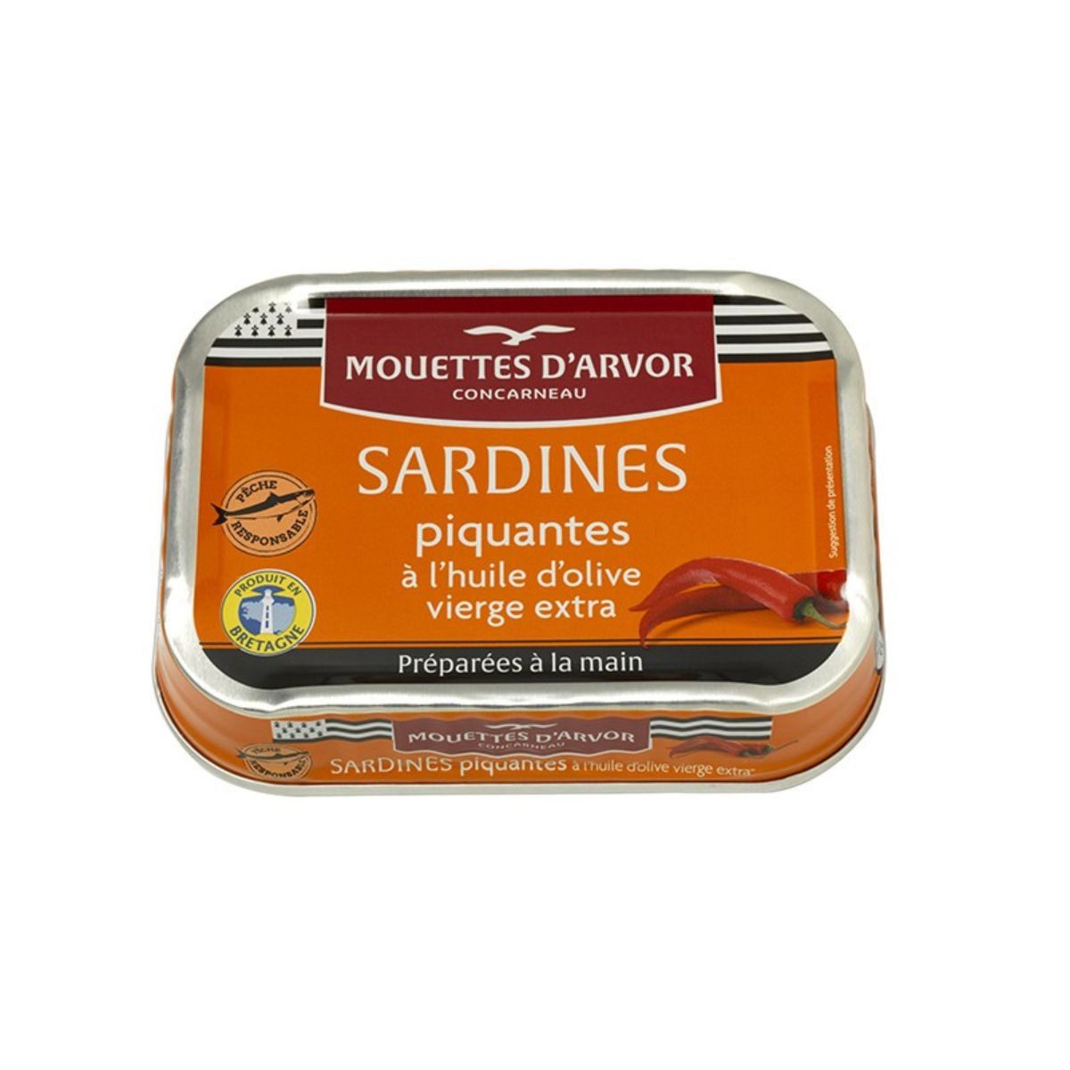Conserverie Gonidec Fischkonserve Les Mouettes d'Arvor Sardinen „Piquantes“ mit Chili, 115g, 115 g, Abtropfgewicht 87g