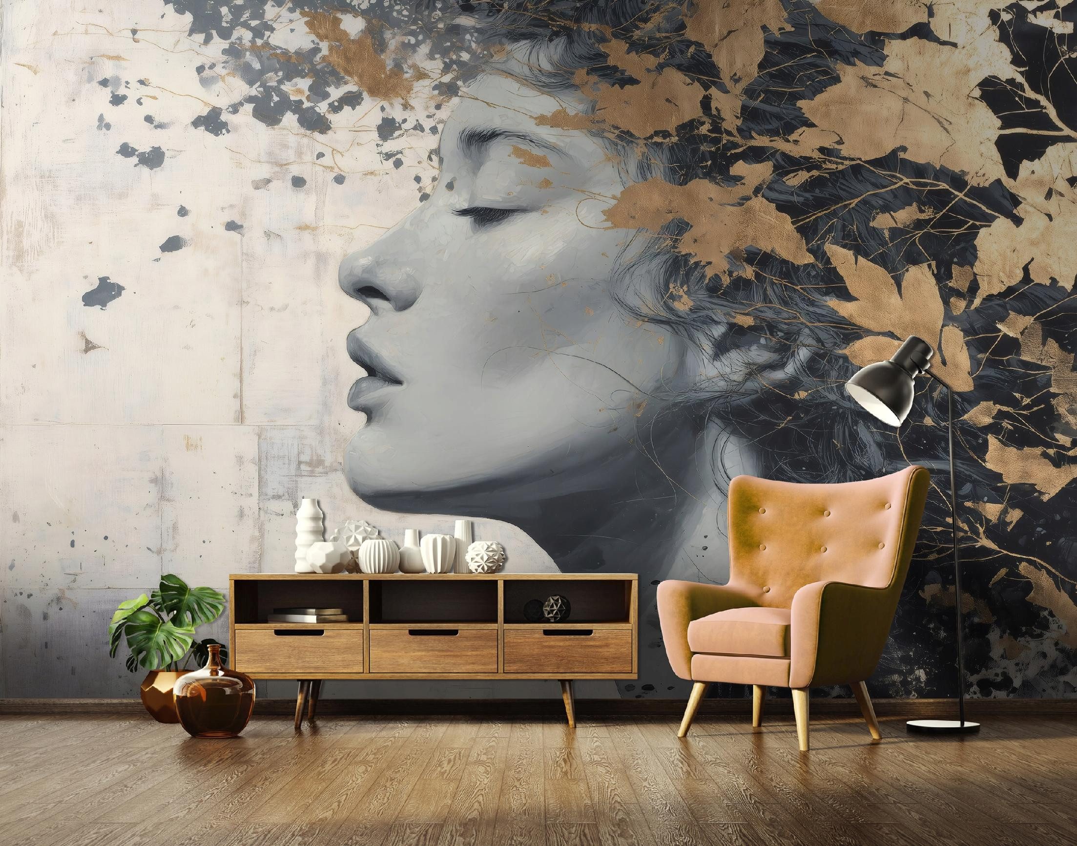 Wallarena Fototapete Frau Abstraktion goldene Akzente Vlies Wohnzimmer 416x254 cm, glatt, Abstrakt, 254 x 184 cm