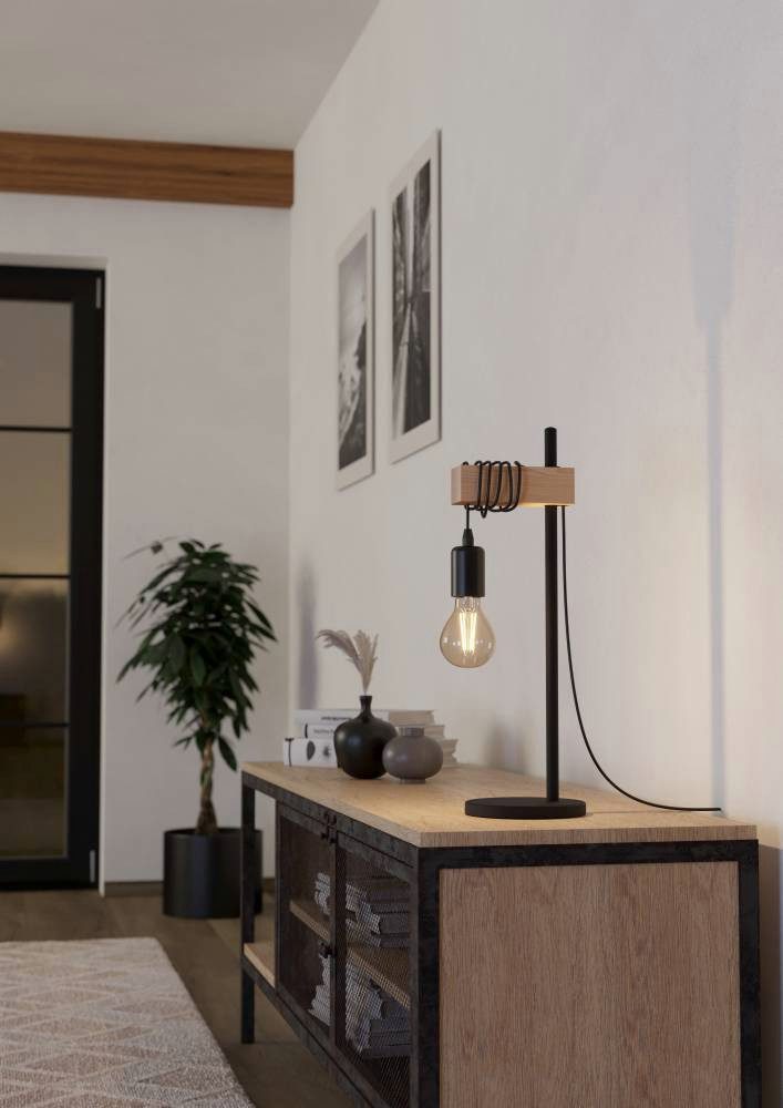 EGLO Tischleuchte TOWNSHEND Tischlampe, Holz, Stahl, Retro, Industrial, Wickeloptik, ohne Leuchtmittel, Wohnzimmer, Nachttischlampe, 1-flammig, schwarz, braun, 50x15,5x17,5cm