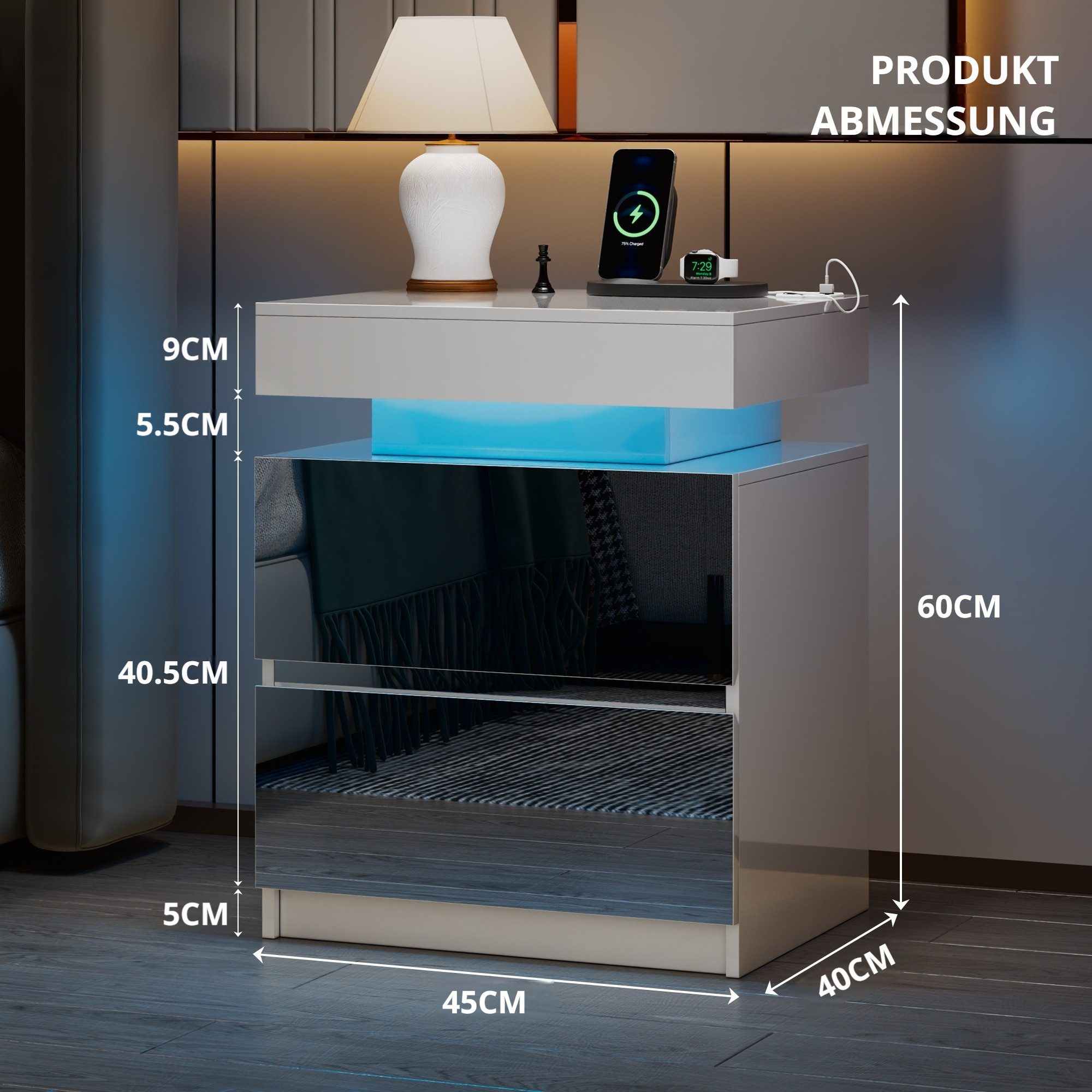 LVSOMT Nachttisch Moderner LED Nachttische mit Geheimfach, Ladefunktion, Sensorlicht (1-St), mit USB-C Laden, Smart LED Lichtfarben, Schubladen mit Spiegel – Bild 4 von 5