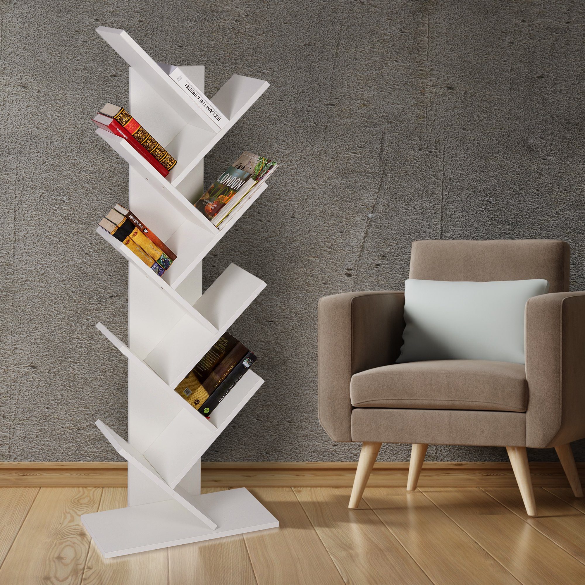 Weiß Regal Holz Bodenstehendes Aktenregal ML-DESIGN 9 Baumform Bücherregal 50x25x140cm Aufbewahrungregal, Regal Ebenen