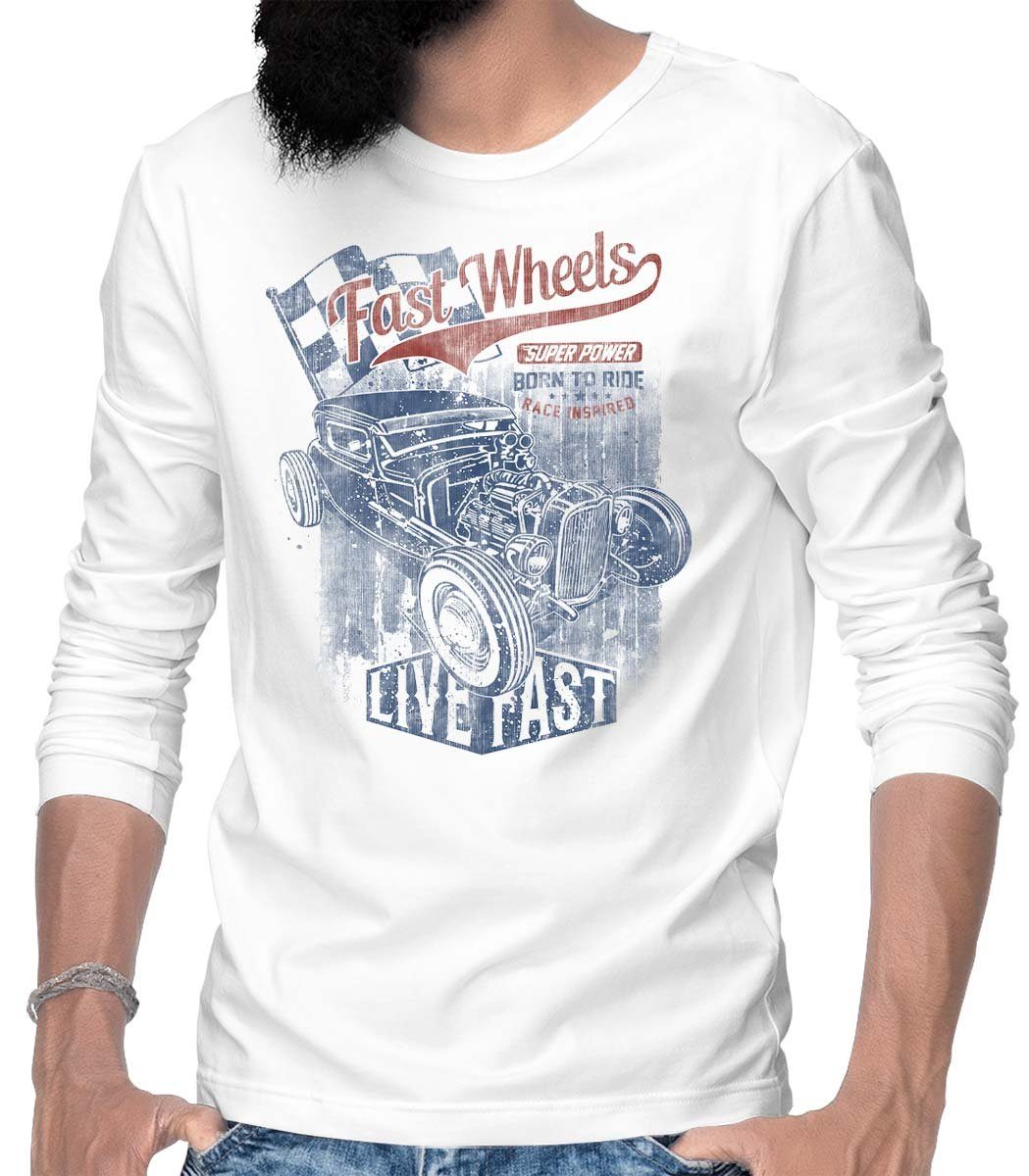 Rebel On Wheels Longsleeve Herren Langarm T-Shirt Longsleeve Tee Fast Wheels mit Hotrod / US-Car Motiv Weiß