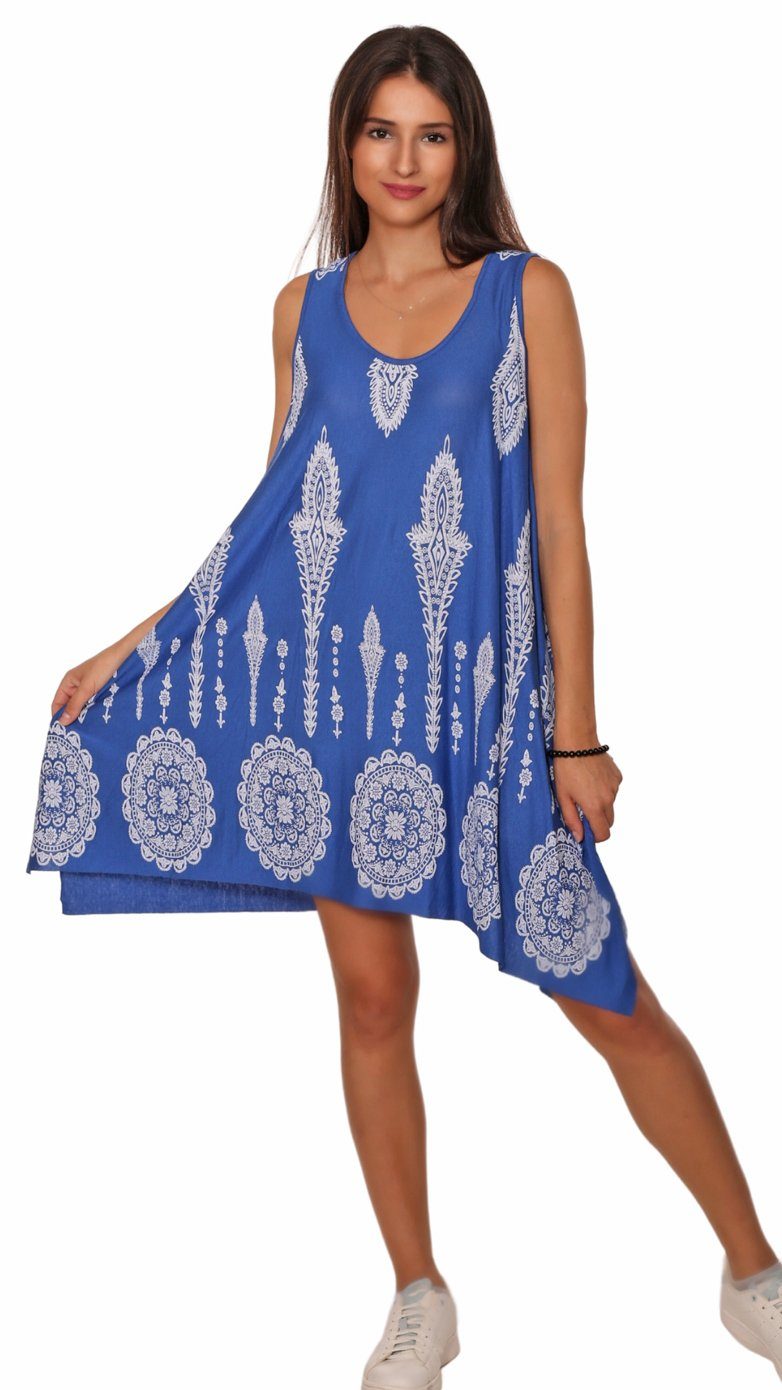 Charis Moda Sommerkleid knielang Print Blau Indian Ornamentic Trägerkleid