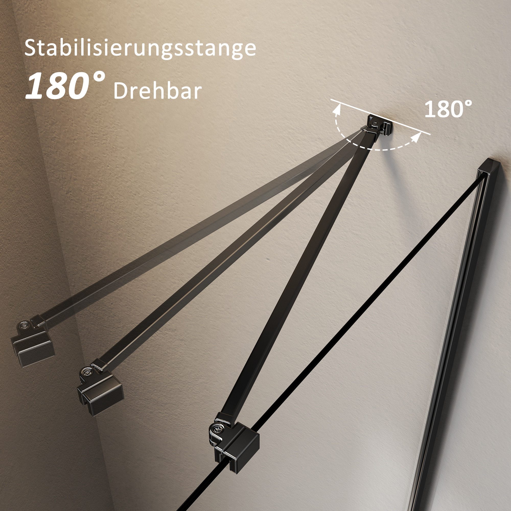 Hopibath Duschwand-Stabilisationsstange Schwarz 48cm für Seitenwand Seitenteil, (Stabilisator, rechteckig), für Duschabtrennung Duschwand Walk In Dusche