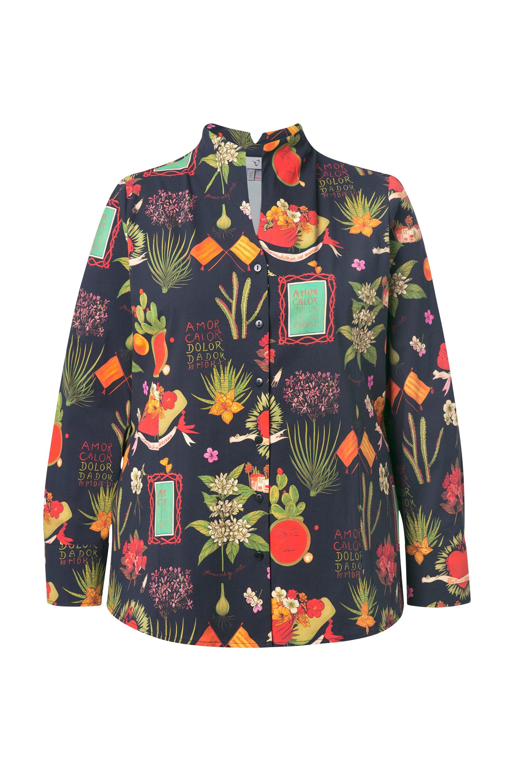 Ulla Popken Longbluse Bluse Landhaus-Druck Kelchkragen Langarm