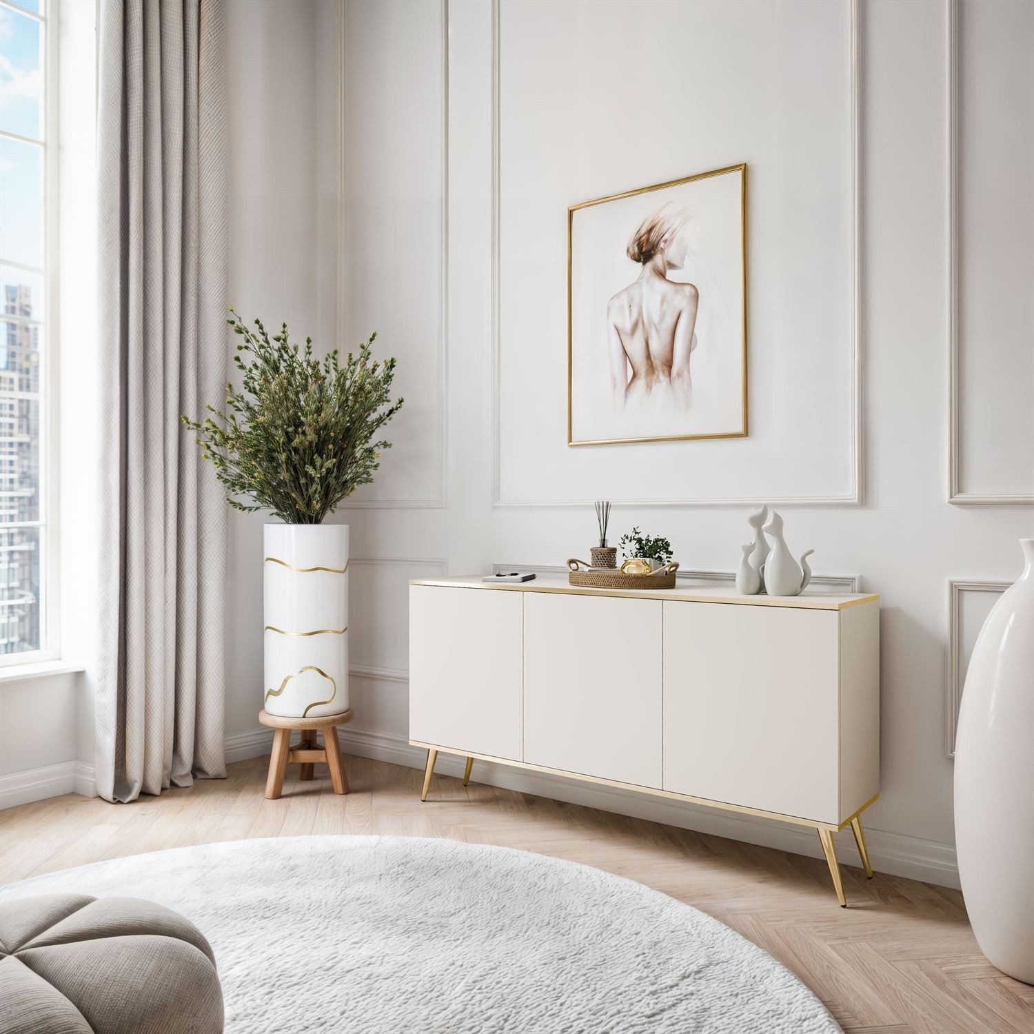 ALLHOUSE24 Kommode SENSO 160 cm dreitürige Sideboard gold Metall Füße, Breite 160 cm, Höhe 85 cm, Tiefe 39 cm