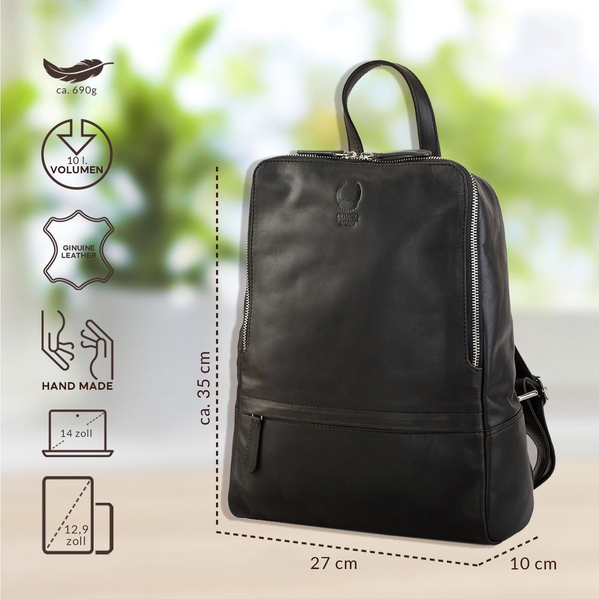 Corno d´Oro Cityrucksack Handmade Rucksack Damen Echt Leder Vintage Schwarz, Elegant, für 14 Zoll Laptop geeignet