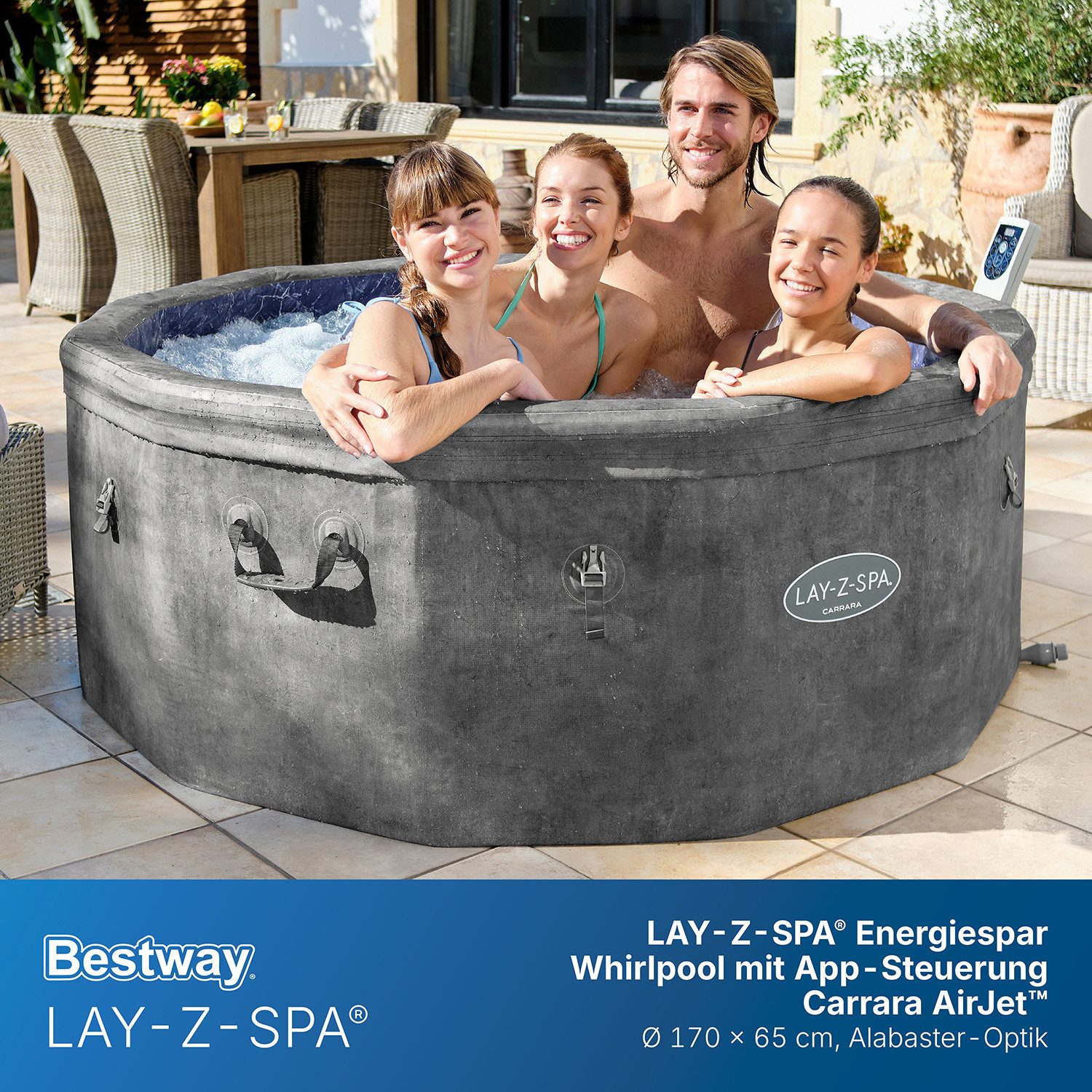 Bestway Whirlpool LAY-Z-SPA® Carrara AirJet™, Aufstellbecken, (Set, Inkl. App-Steuerung, für 6 Personen), Ø 170 x 65 cm
