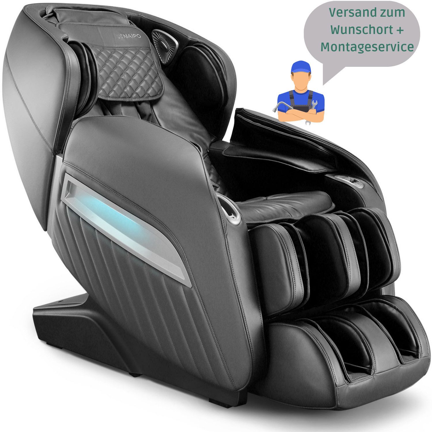 NAIPO Massagesessel Shiatsu Zero-Gravity Massagestuhl, Wärmetherapie, 3D Surround-Sound, USB, Bluetooth, Award Winner