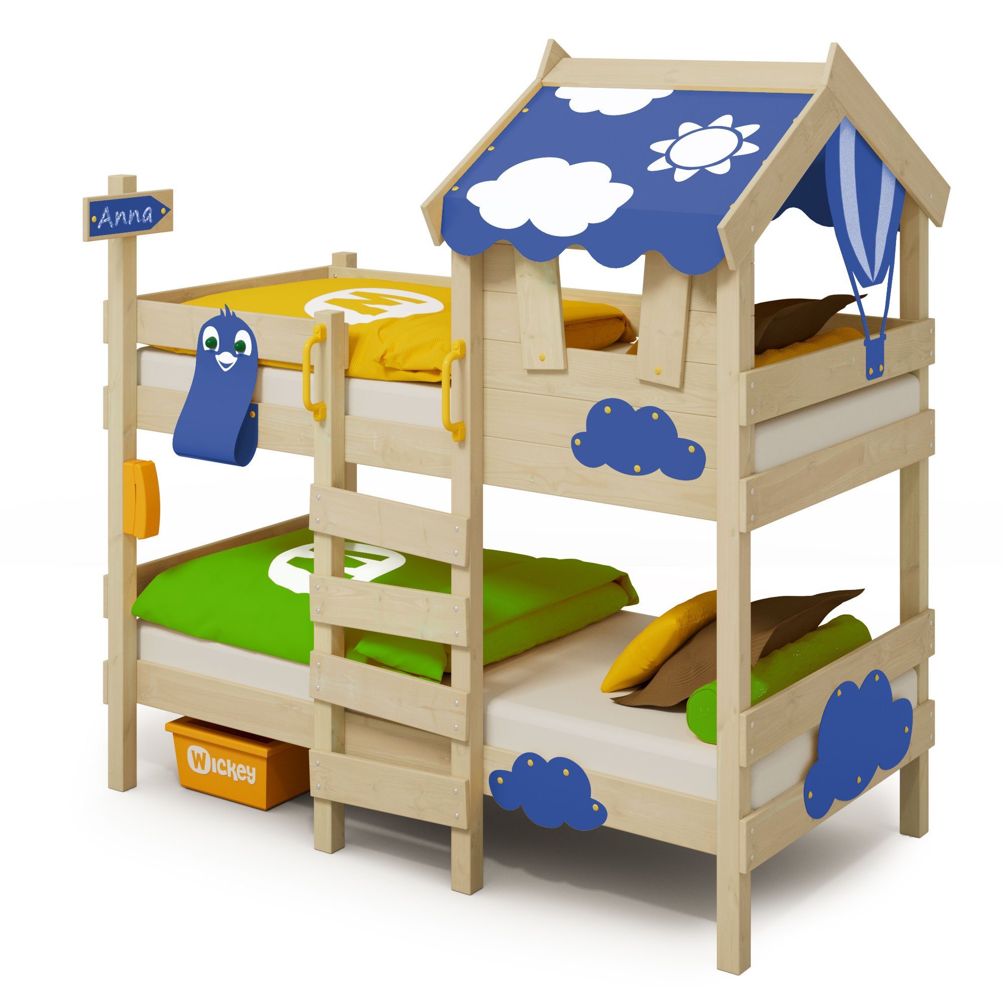 Wickey Kinderbett Crazy Daisy - Hochbett, Spielbett 90 x 200 cm (Holzpaket aus Pfosten und Brettern, Etagenbett mit Kletterleiter für Kinder), Massivholz blau