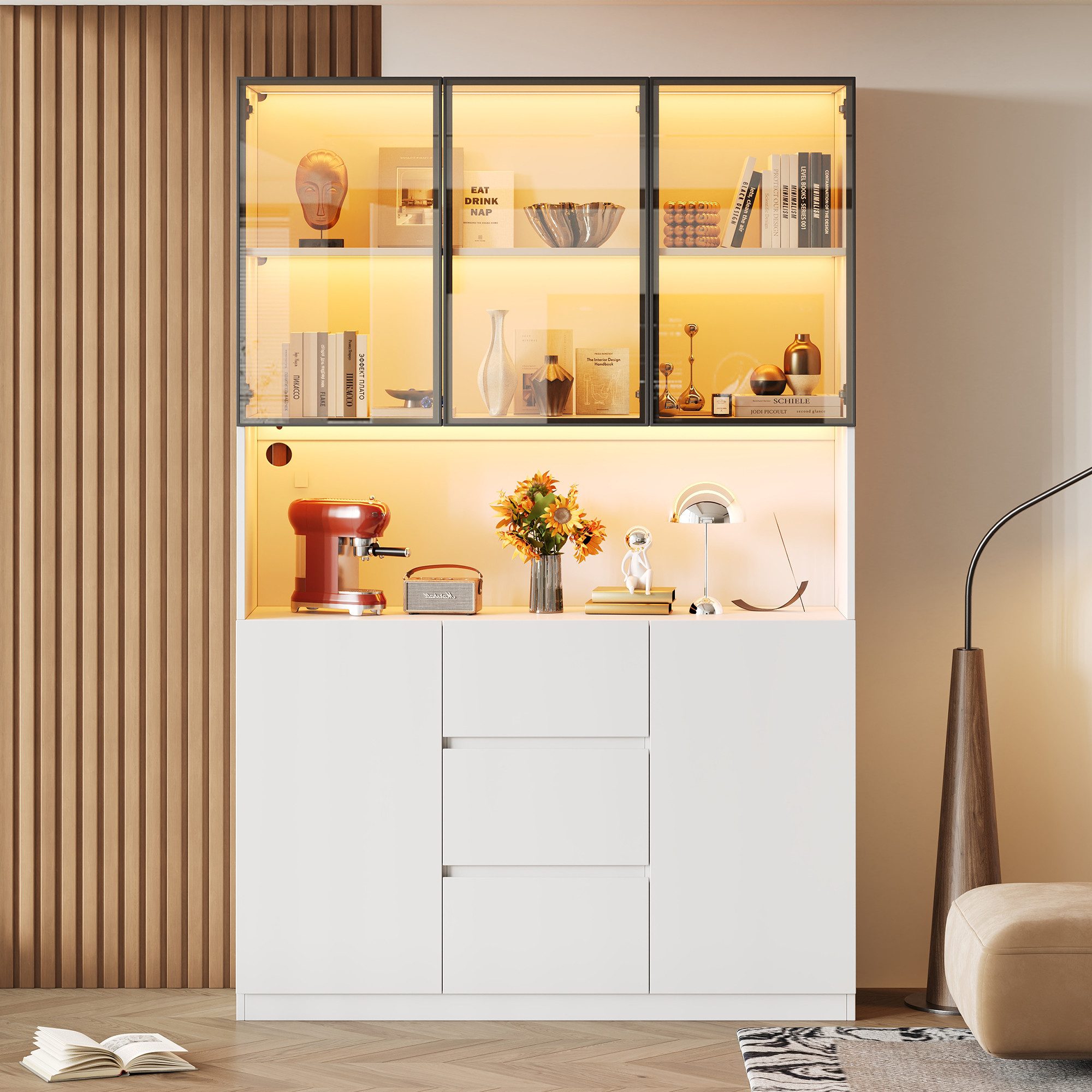 Celya Glasvitrine 120×40×200 cm, mit offenen Regalen undLED-beleuchtete (mit 3 Schubladen und 5 Türen) Ideal für Esszimmer, Wohnzimmer, Küche oder Arbeitszimmer