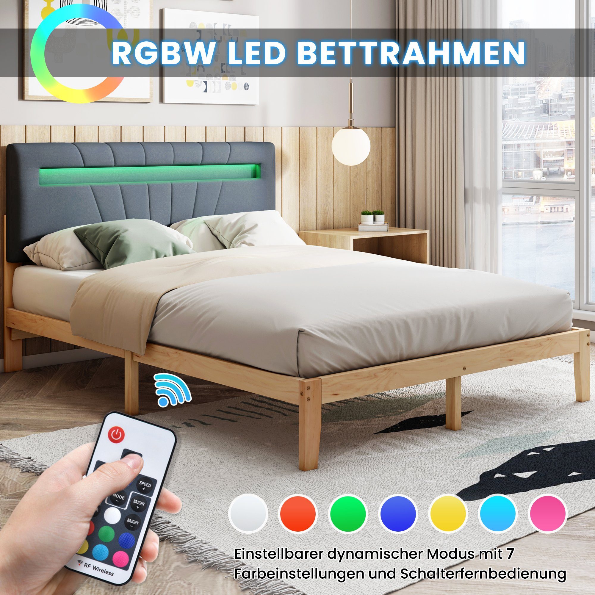 Massivholzbett (Doppelbett Jugendbett), mit LED-Beleuchtung & Polsterkopfteil, 140x200cm