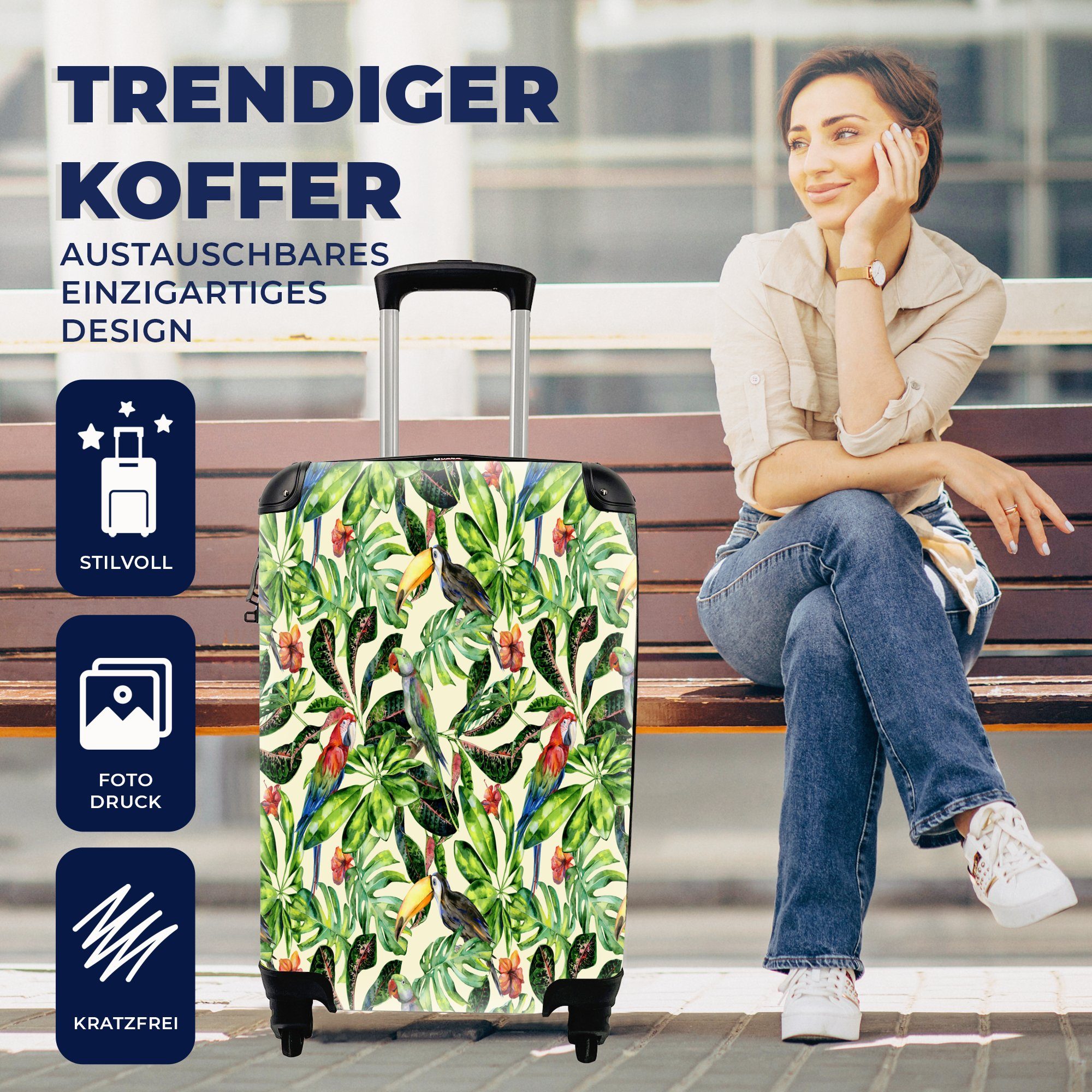 Reisetasche mit Blätter, Rollen, für Trolley, - Vogel Blumen Reisekoffer MuchoWow Ferien, 4 Handgepäckkoffer rollen, Handgepäck -