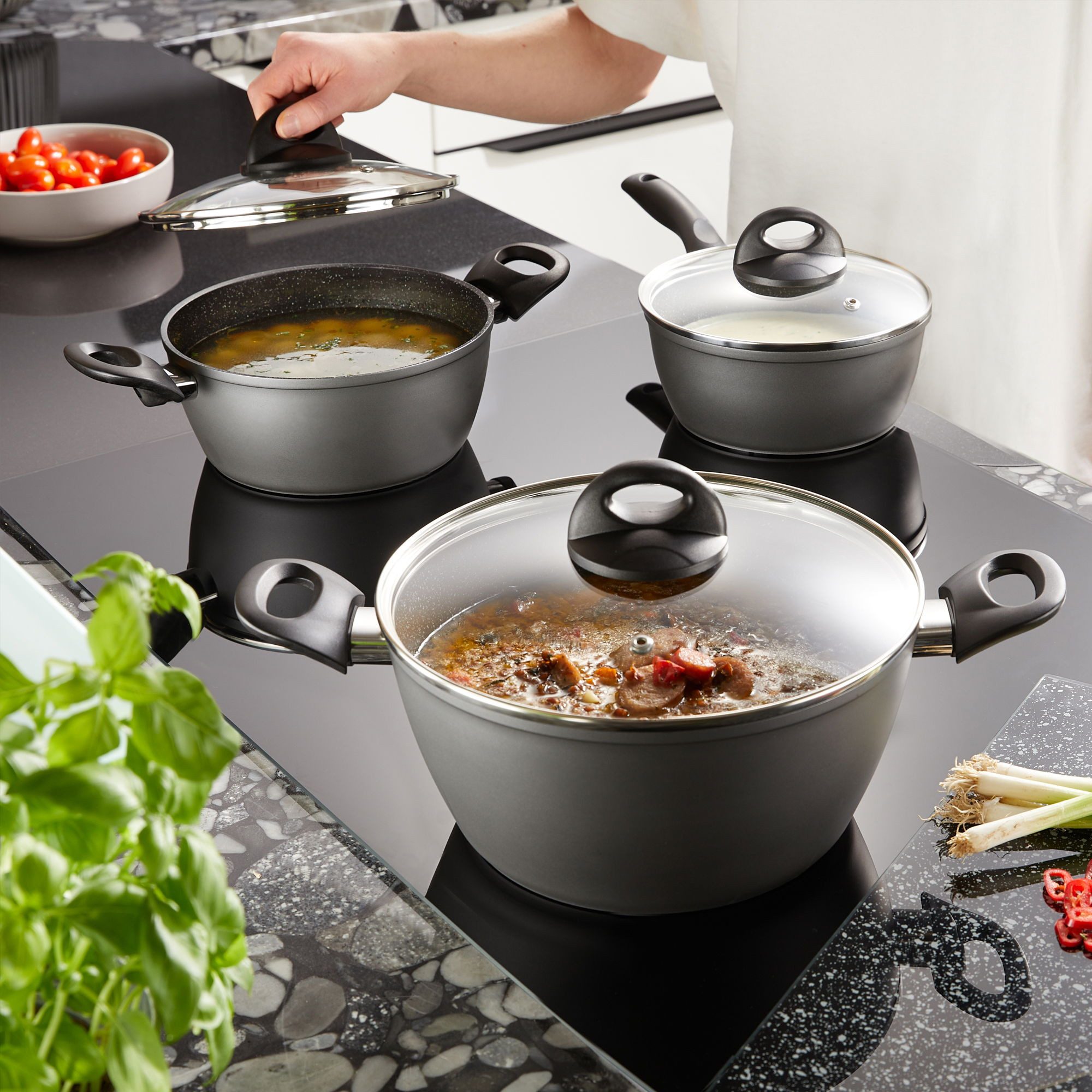 STONELINE Topf-Set, Aluminium, Keramik (6-tlg), mit echten Steinpartikeln, induktionsgeeignet, Designed in Germany