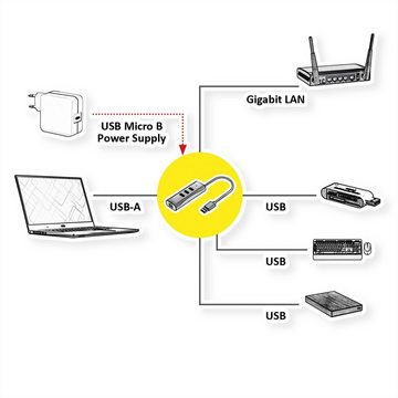 VALUE USB 3.2 Gen 1 zu Gigabit Ethernet Konverter + 3-Port USB Hub Computer-Adapter, 10.0 cm
