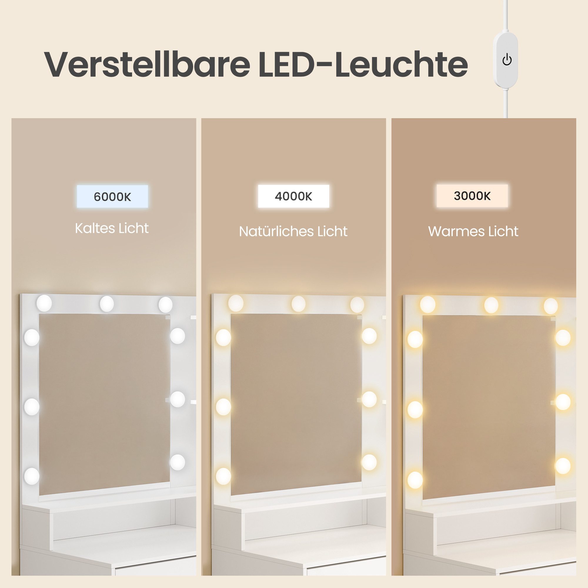 VASAGLE Schminktisch werkzeuglose Gleitschienen Steckdosenleiste, 9 Schubladen, mit Spiegel und LED-Leuchten, 9 dimmbare Glühbirnen, 3 Lichtfarben – Bild 4 von 5