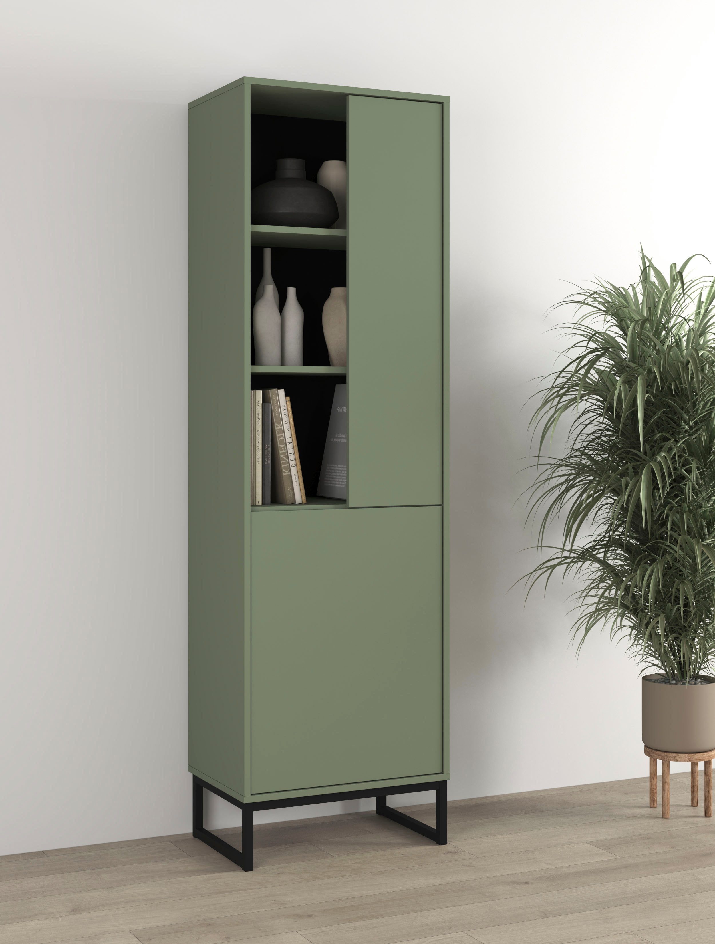 OTTO home Vitrine Loft, Höhe 180 cm, moderne grifflose Standvitrine mit 2 Türen Hochschrank mit viel Stauraum, verstellbaren Einlegeböden, Regal