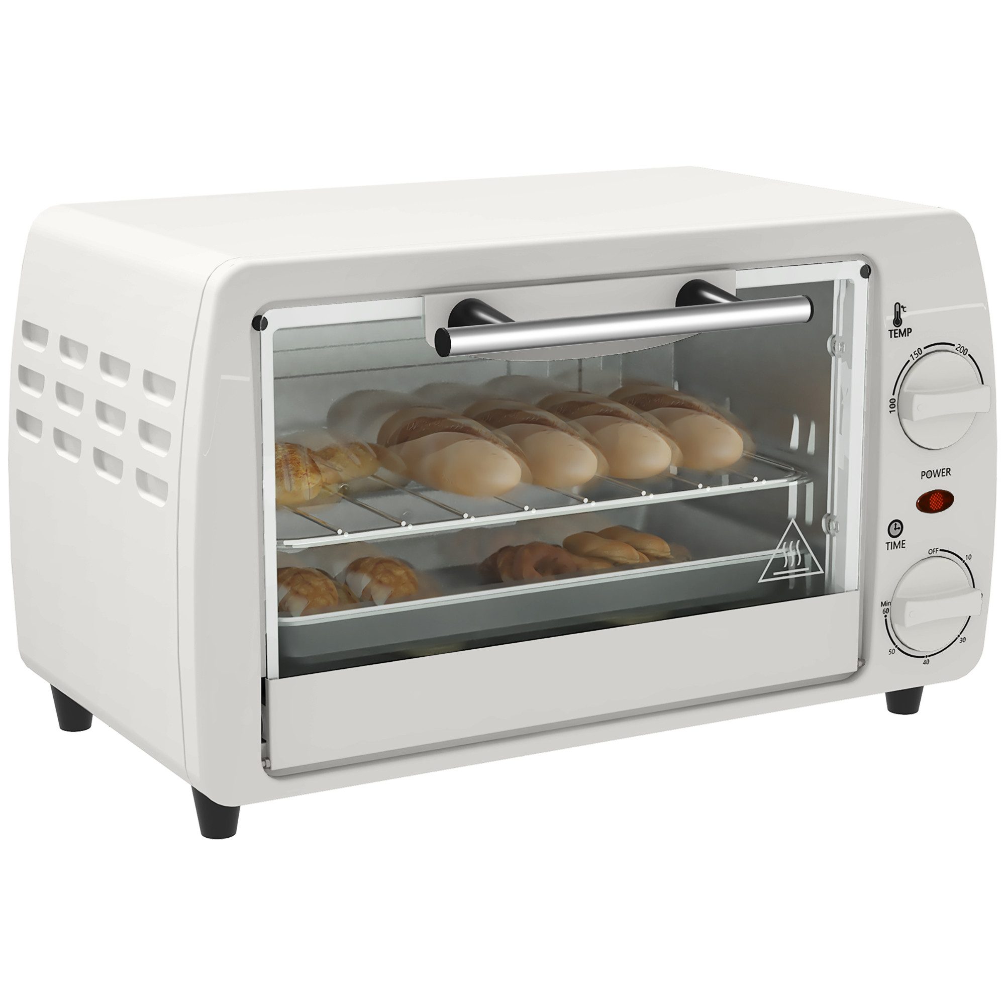 HOMCOM Minibackofen Backofen 10 L 750W 100-230℃ mit Backblech Pizza-Ofen, zum Grillen, Backen, Toasten, Cremeweiß
