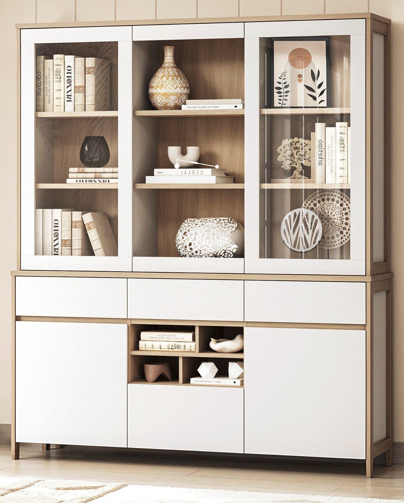Furn.Design Buffet Finnes (Buffetschrank in Eiche Weiß und Eiche Natur, 164 x 195 cm) 18 Fächer, Soft-Close-Funktion