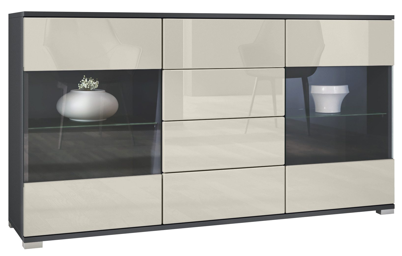 Vladon Sideboard Bari V1 (Kommode mit 2 Türen, 4 Schubladen und 2 flexible Glaseinlegeböden), Anthrazit matt/Creme Hochglanz (138,5 x 75,5 x 35)