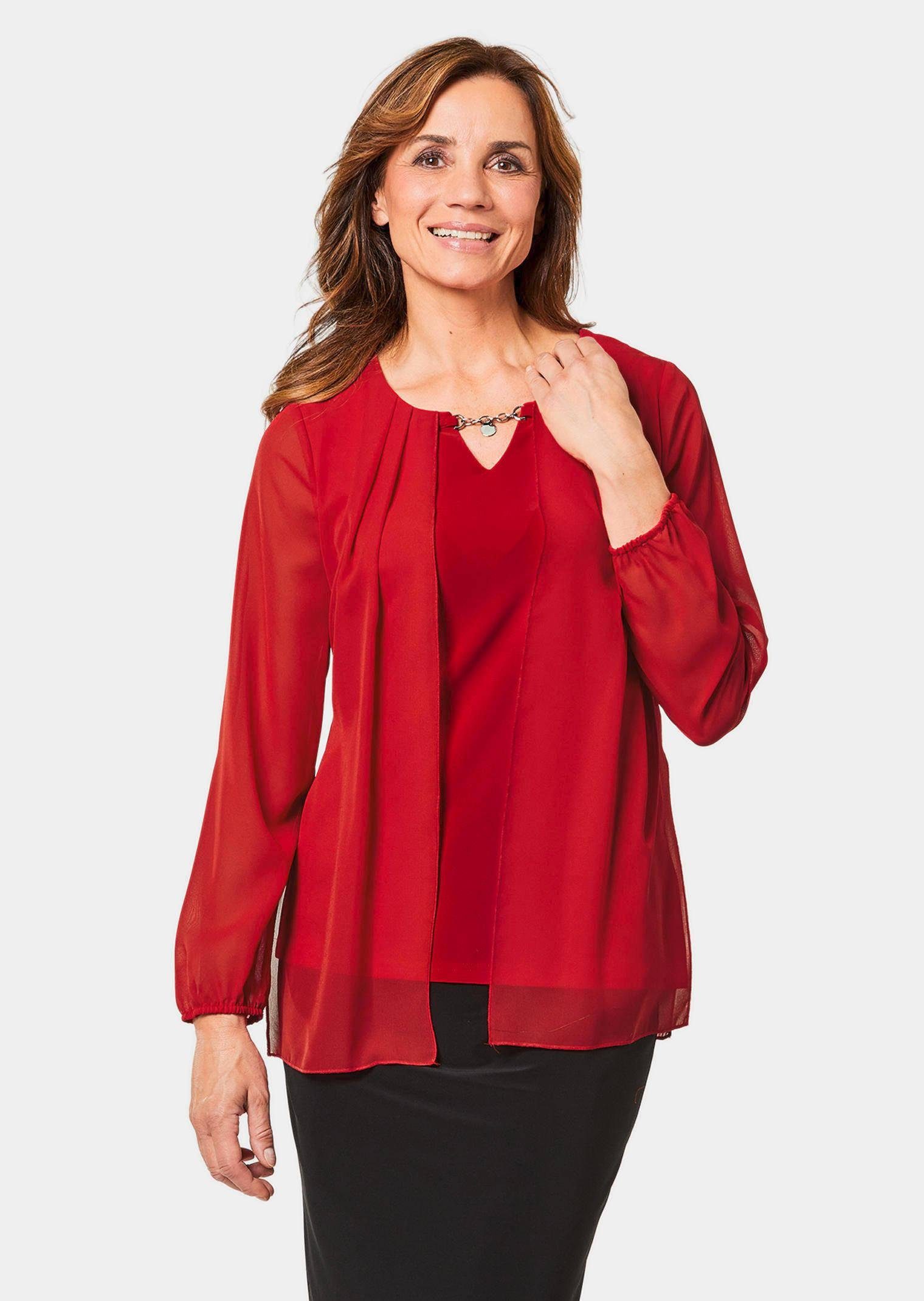 Klassische Bluse Festliche Bluse mit Chiffonüberwurf und Schmuckelement