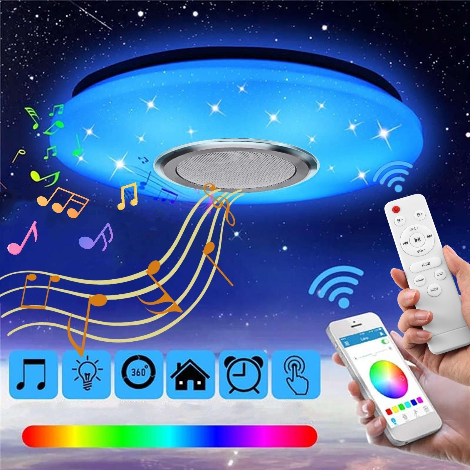 LETGOSPT Deckenleuchte LED Deckenlampe RGB Bluetooth Lautsprecher Fernbedienung APP-Steuerung, LED fest integriert, Tageslichtweiß, RGB, Ø 30cm, dimmbar, mit Fernbedienung, für Schlafzimmer Wohnzimmer