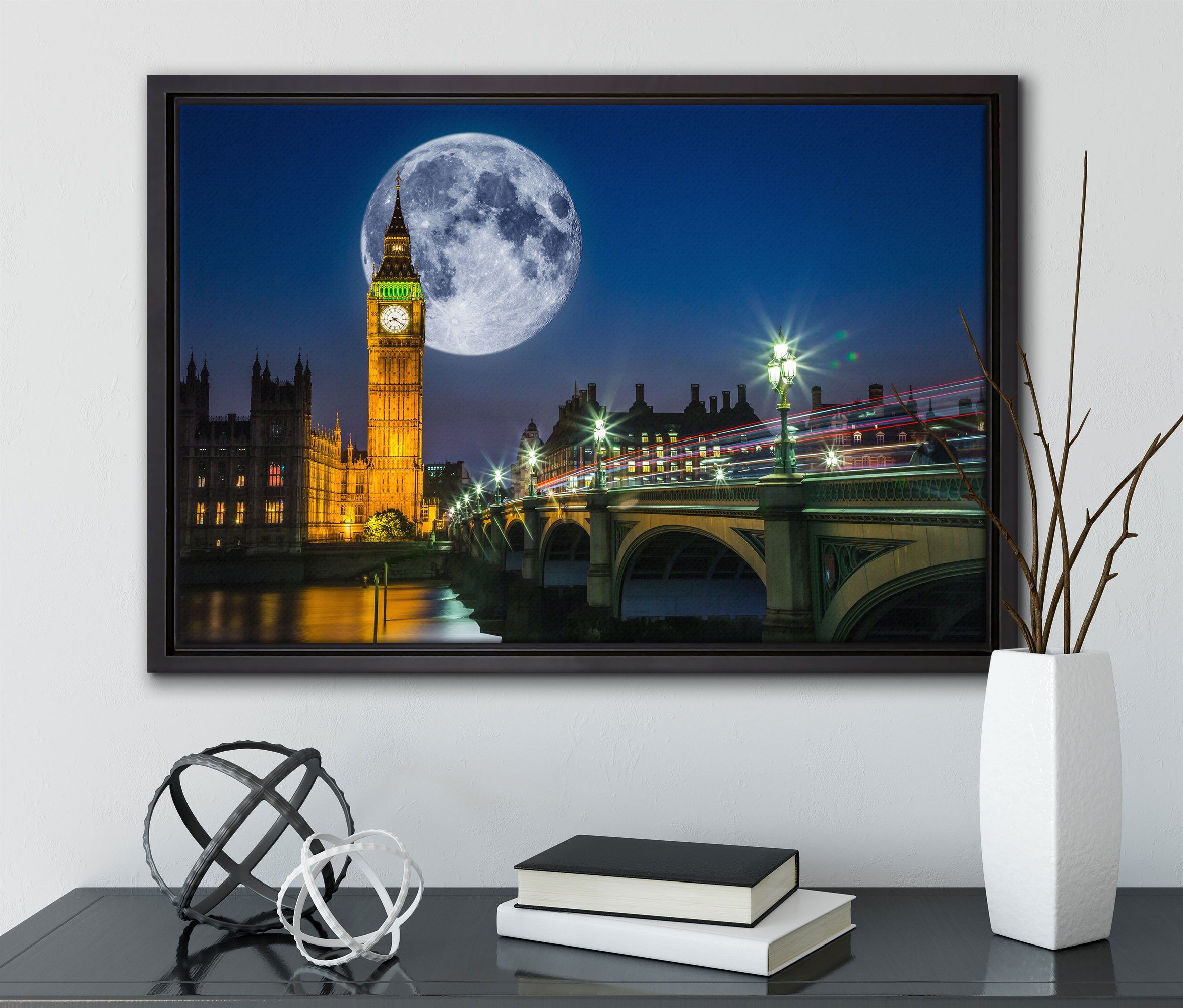 Leinwandbild inkl. Mond fertig London, in (1 St), in bespannt, vor Pixxprint gefasst, Zackenaufhänger Big einem Wanddekoration Schattenfugen-Bilderrahmen Leinwandbild Ben