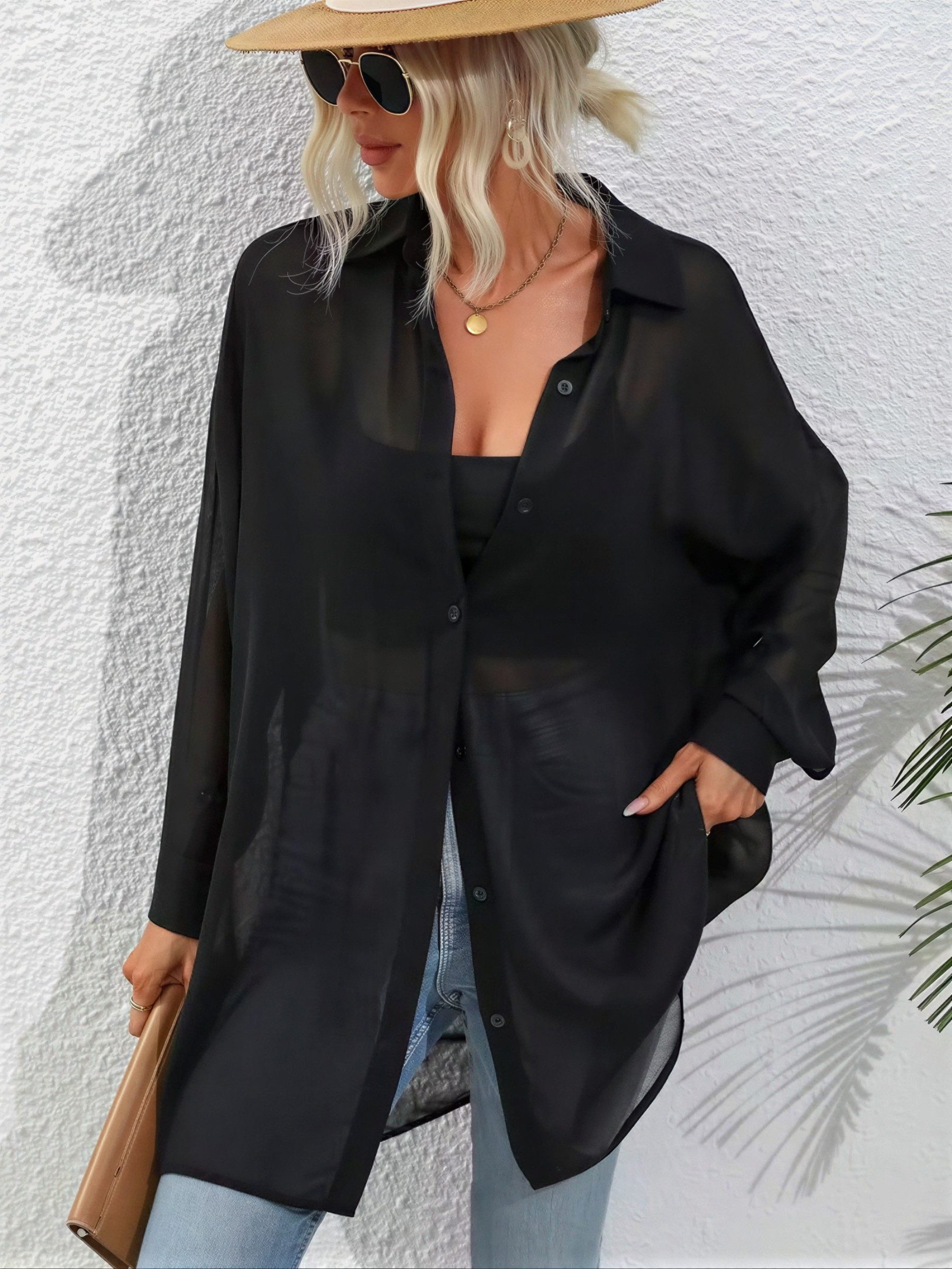 Elegant Love Longbluse Oversize Chiffon-Hemdbluse transparent – lockere Strandtunika Luftiger Sommer-Überwurf, durchscheinende Loose-Fit Bluse