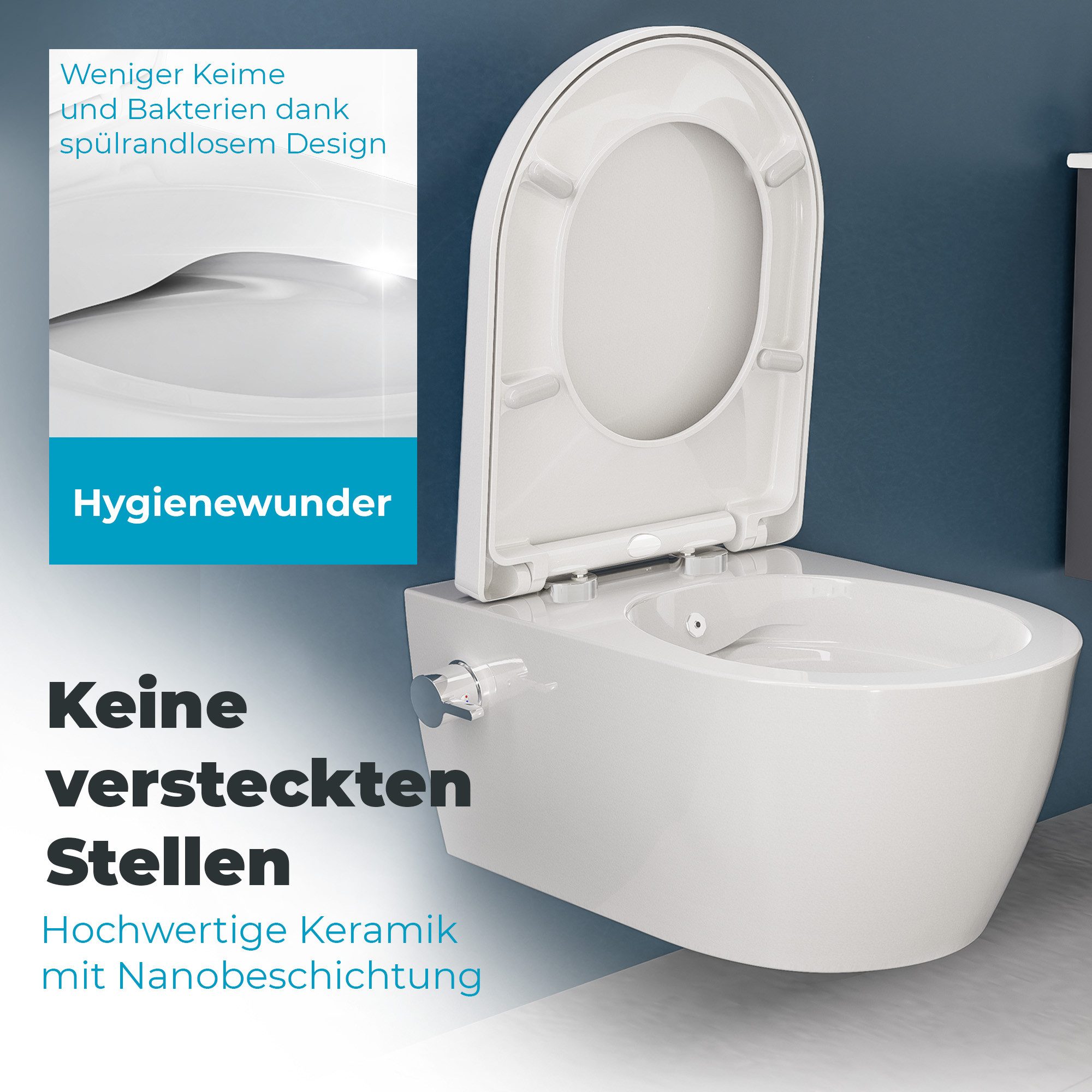 SSWW Dusch-WC mit Softclose WC-Sitz Tiefspül-WC spülrandloses WC Taharet, wandhängend, Abgang waagerecht – Bild 5 von 5