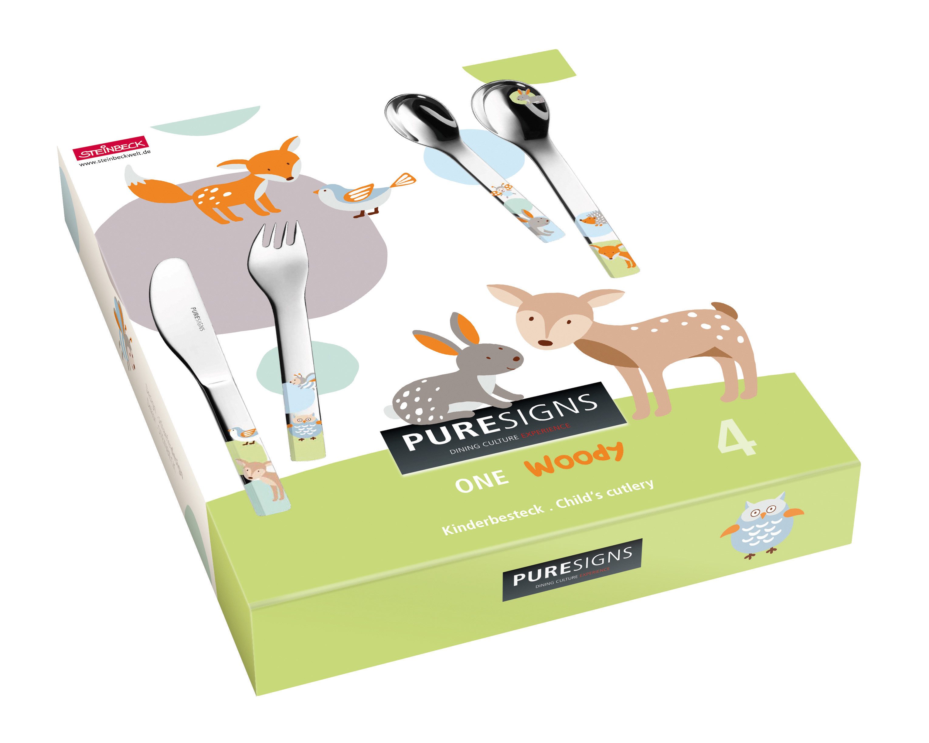 PURESIGNS Kinderbesteck WOODY (4-tlg), 1 Personen, Edelstahl 18/10, Plastikfreier Essgenuss für die Kleinen