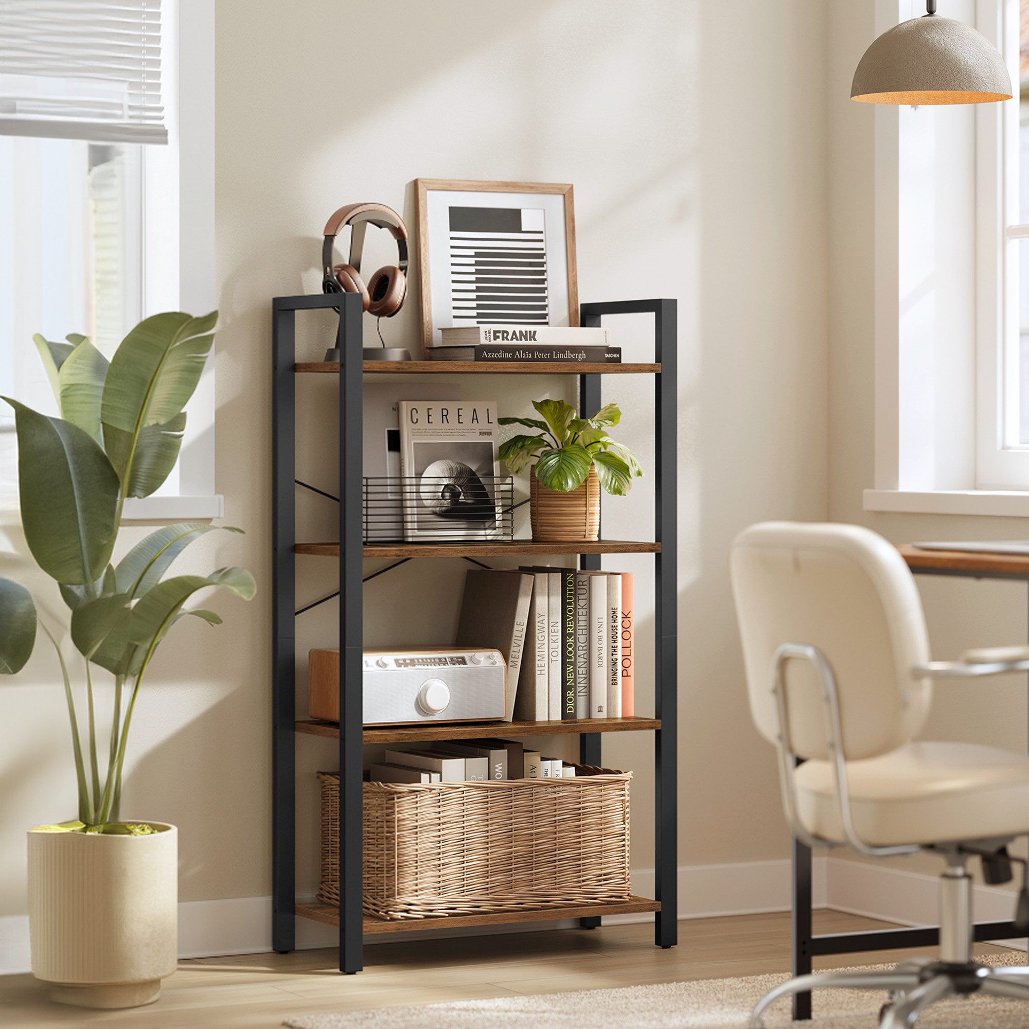 VASAGLE Bücherregal Standregal, DVD-Regal, Büroregal, Büro, Wohnzimmer, Schlafzimmer, Flur, mit 4 Ebenen, Stahlgestell, 66 x 120 x 30 cm, vintagebraun-schwarz