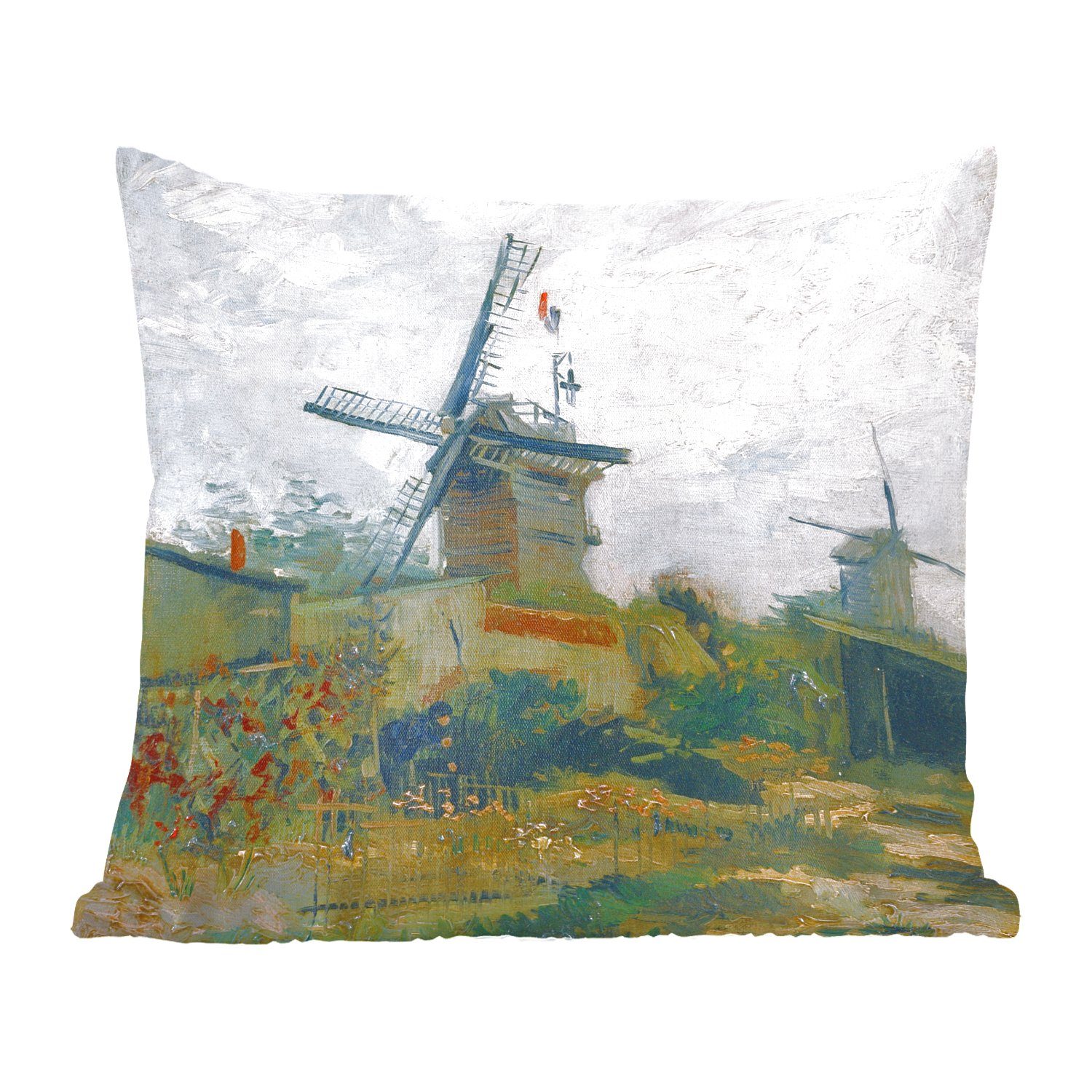 MuchoWow Dekokissen Windmühlen auf dem Montmartre - Gemälde von Vincent van Gogh, Zierkissen mit Füllung für Wohzimmer, Schlafzimmer, Deko, Sofakissen