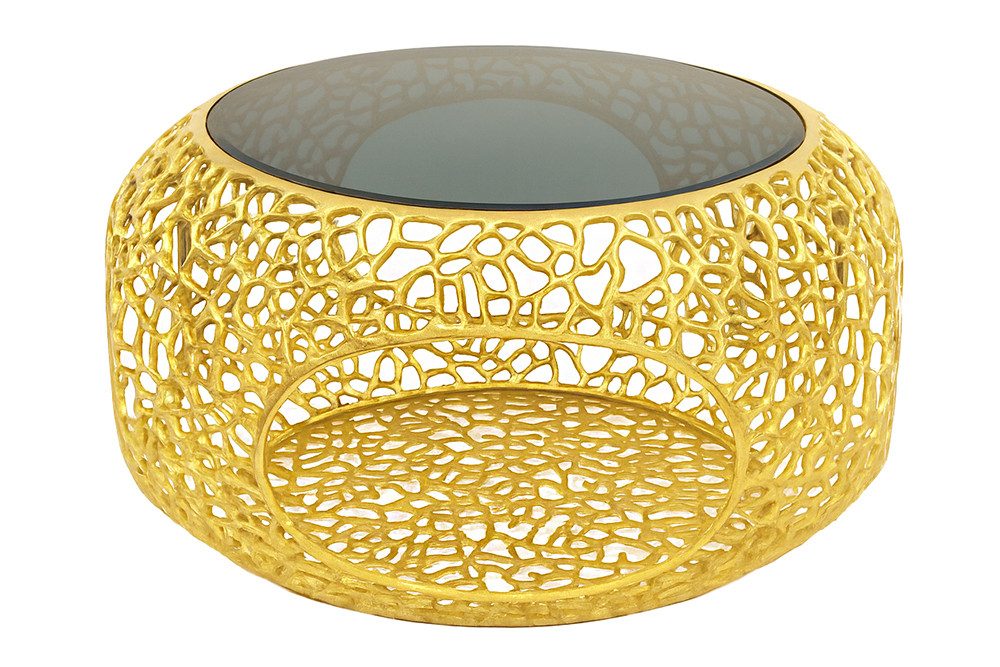 riess-ambiente Couchtisch SPIN Ø75cm gold / schwarz - Schwarzglas, Metall, Stauraum, handmade (Einzelartikel, 1-St), runder Beistelltisch m. individuellem Blattmuster- ideal f. Wohnzimmer