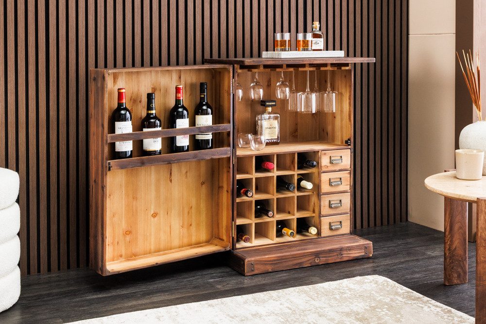 riess-ambiente Barschrank BODEGA 90cm natur - Pinienholz, Glashalter, Schubladen, handgefertigt (Einzelartikel, 1-St) Design Weinregal - ideal zur Unterbringung von Flaschen und Vorräten